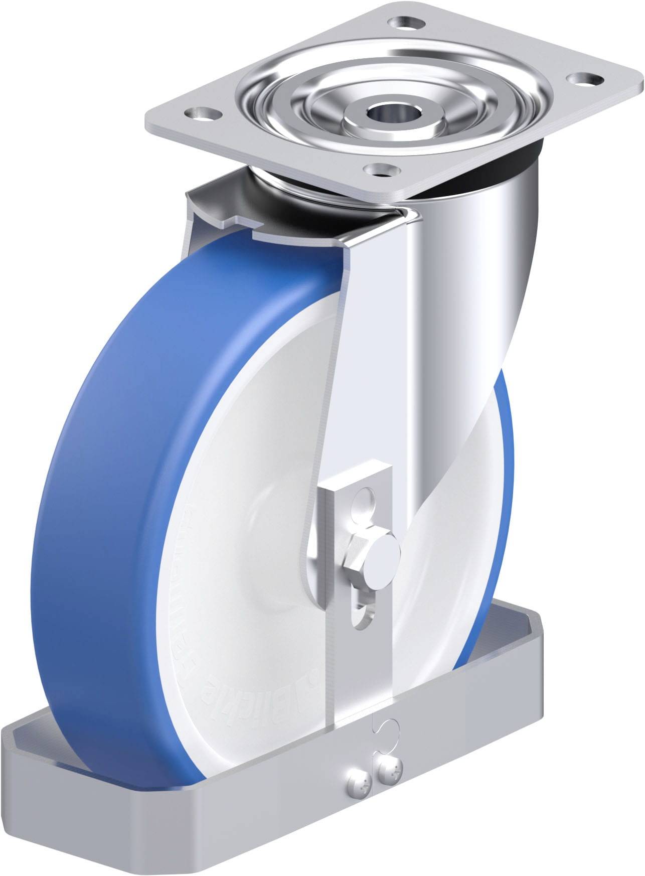 Schwenkrolle mit blauer Gummibeschichtung und Metallhalterung, geeignet für schwere Lasten in industriellen Anwendungen.