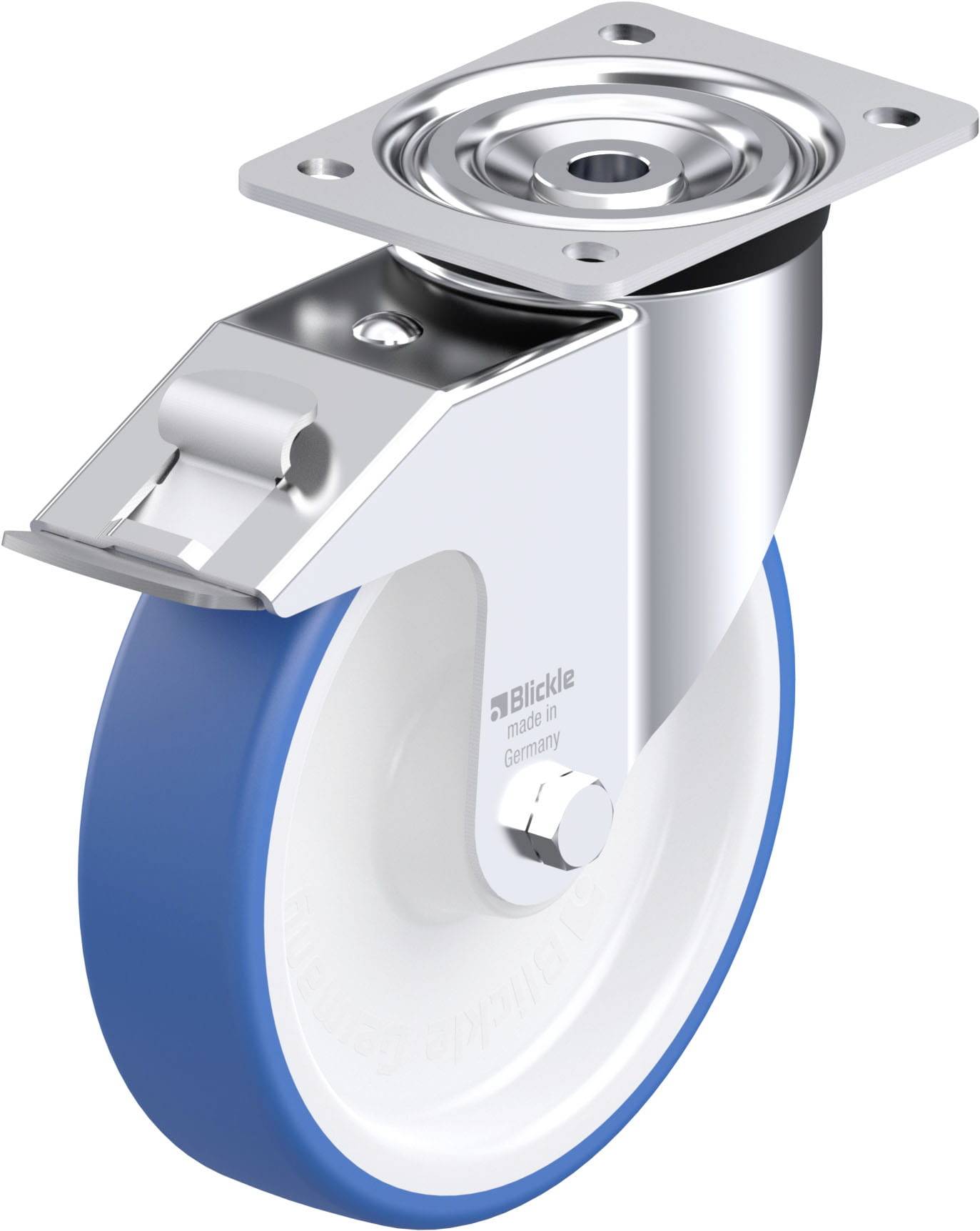 Metallrolle mit blauer Gummiummantelung und Platte zur Befestigung. Funktioniert als bewegliches Rad für Möbel oder Transportgeräte.