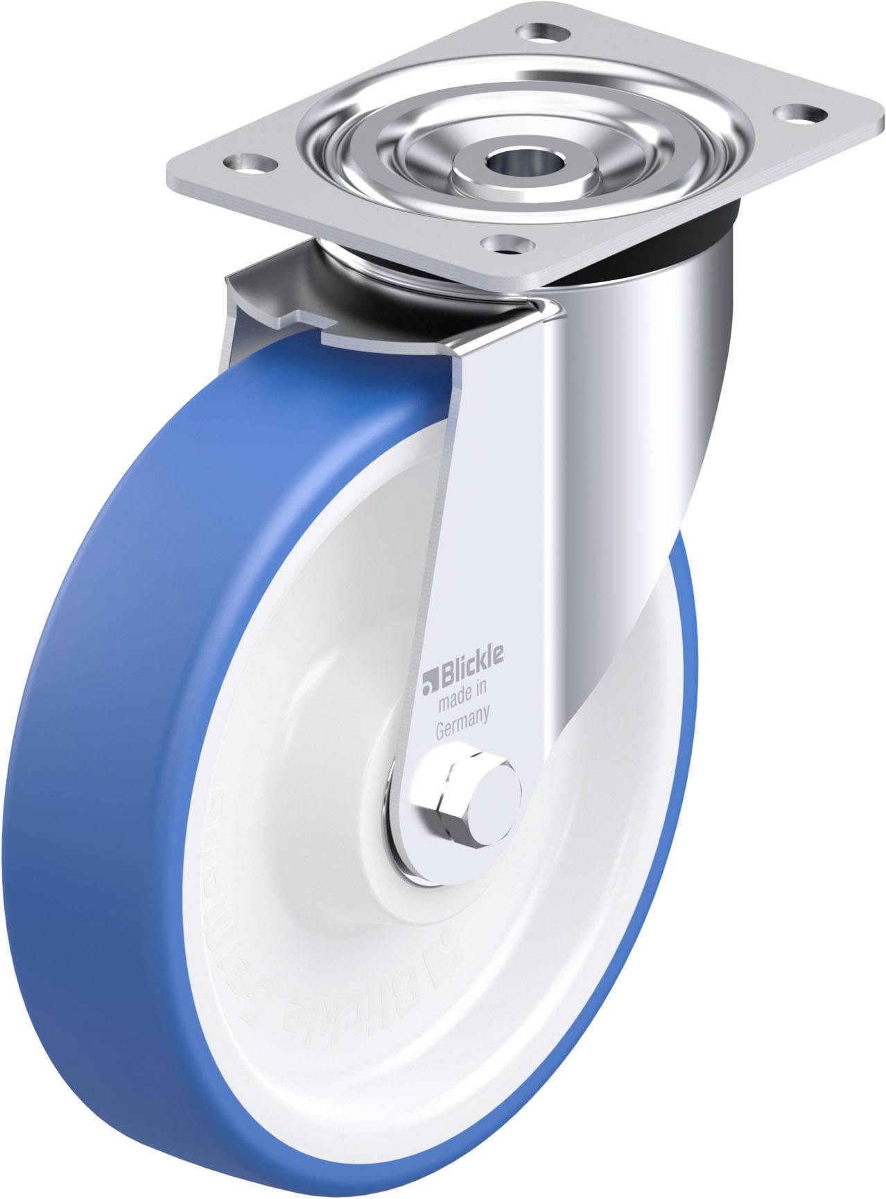 Lenkrolle mit blauer Lauffläche und weißem Radkern, befestigt an einer glänzenden Metallhalterung mit Montageplatte, geeignet für industrielle Anwendungen.