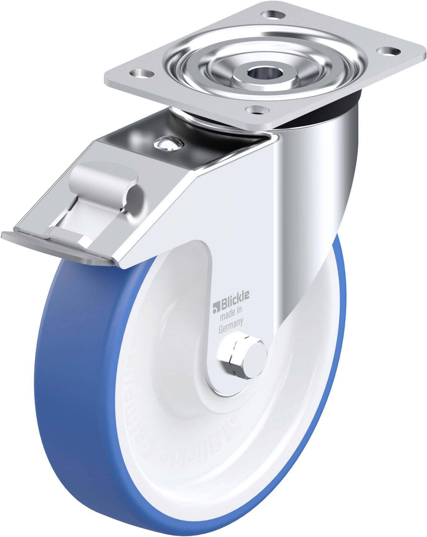Industrie-Lenkrolle mit Metallhalterung, weißem Rad, blauer Gummilauffläche und Kugellager. Marke 'Blickle'.