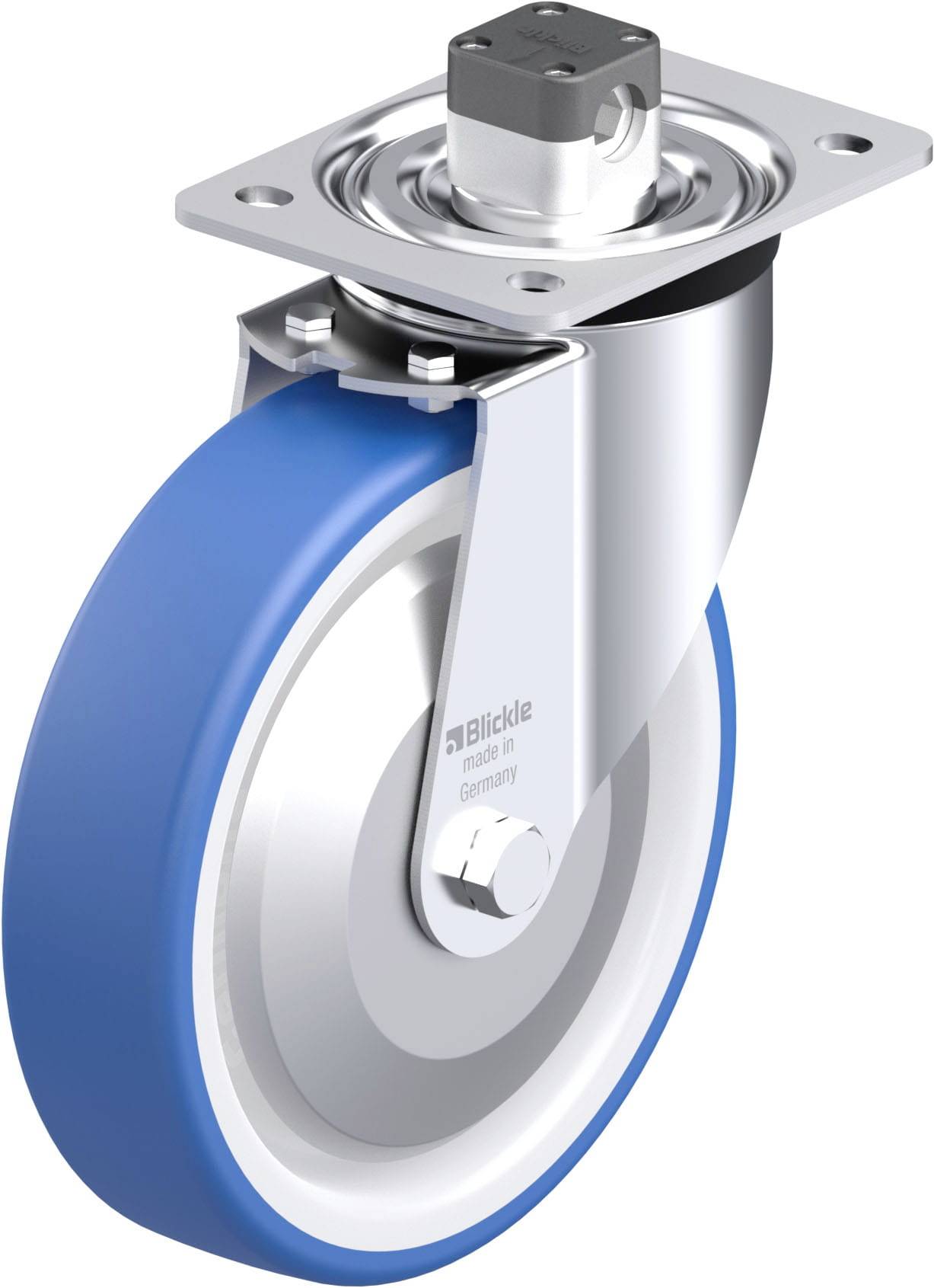Industrie-Lenkrolle mit blauem Polyurethanrad, silbernem Gehäuse und Befestigungsplatte. Geeignet für schwere Lasten und gleichmäßige Bewegung.