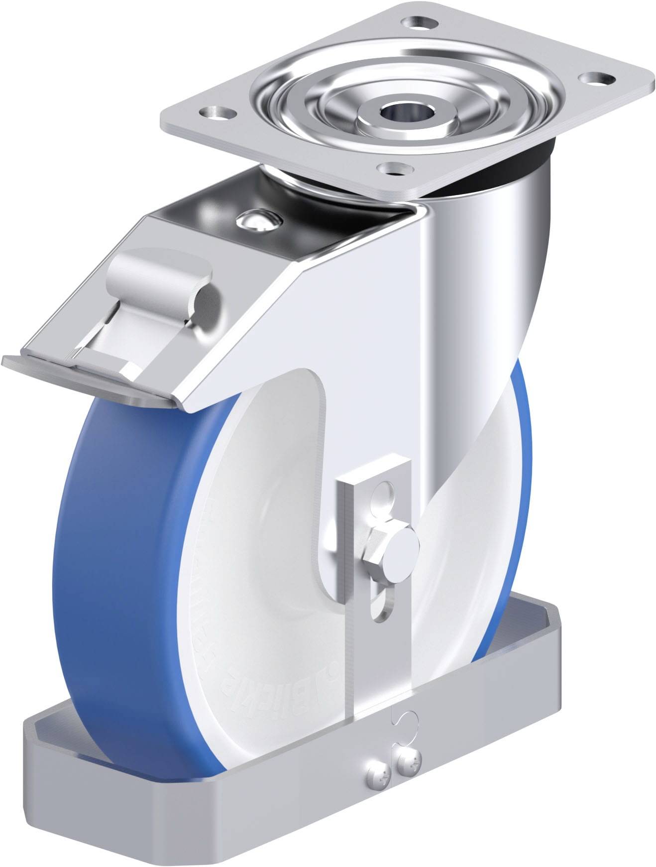 Industrie-Lenkrolle mit einer blauen Gummimanschette, montiert auf einem Metallgehäuse.