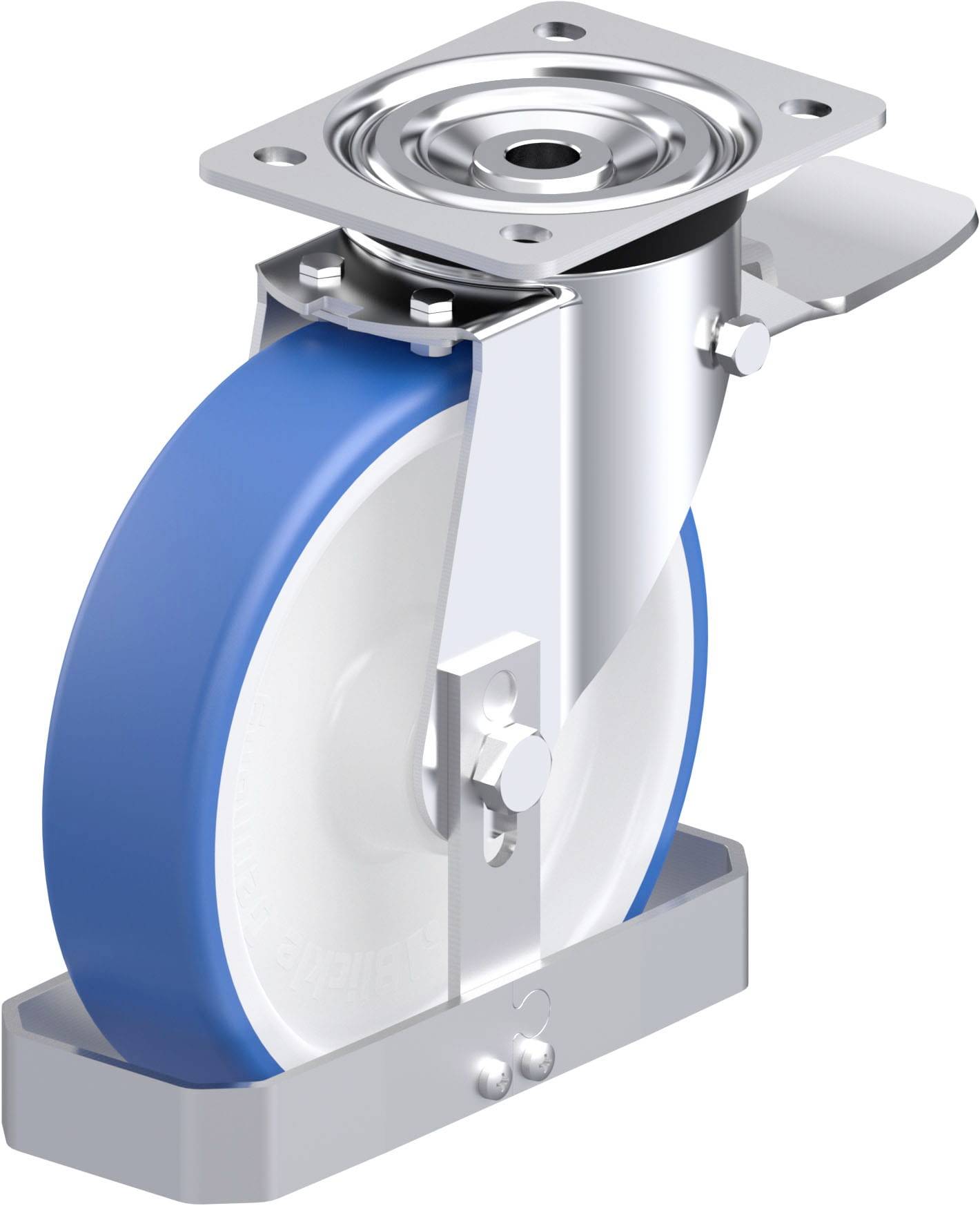 Blaues Schwerlast-Lenkrolle auf Metallhalterung, für Industrieanwendungen; zeigt drehbare Platte und robustes Design.