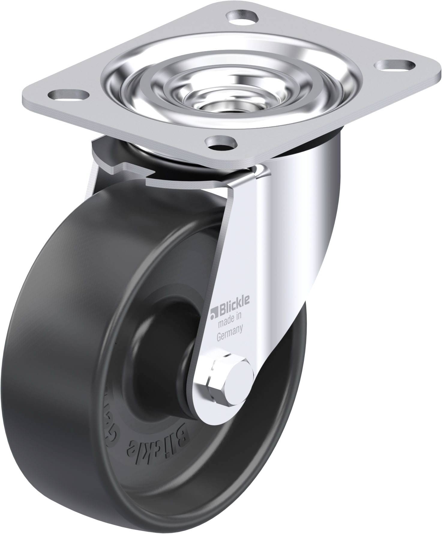 Schwenkrolle aus Metall und Kunststoff, mit rechteckiger Platte zur Befestigung. Geeignet für den Einsatz an Möbeln oder Geräten.