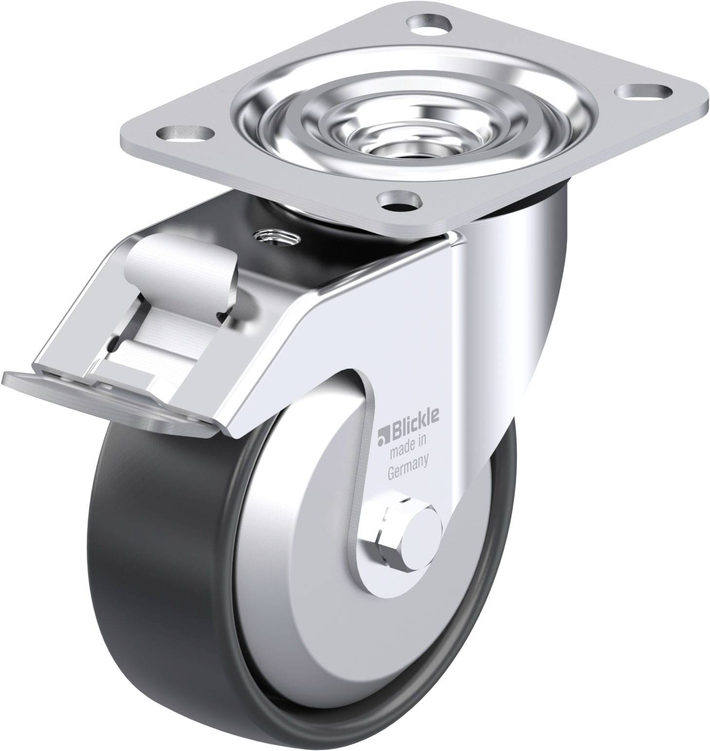Rollenbild eines Lenkrolles mit Bremse, silberne Metallhalterung, schwarzes Rad, geeignet für Möbel oder Transportwagen, Marke 'Blickle'.