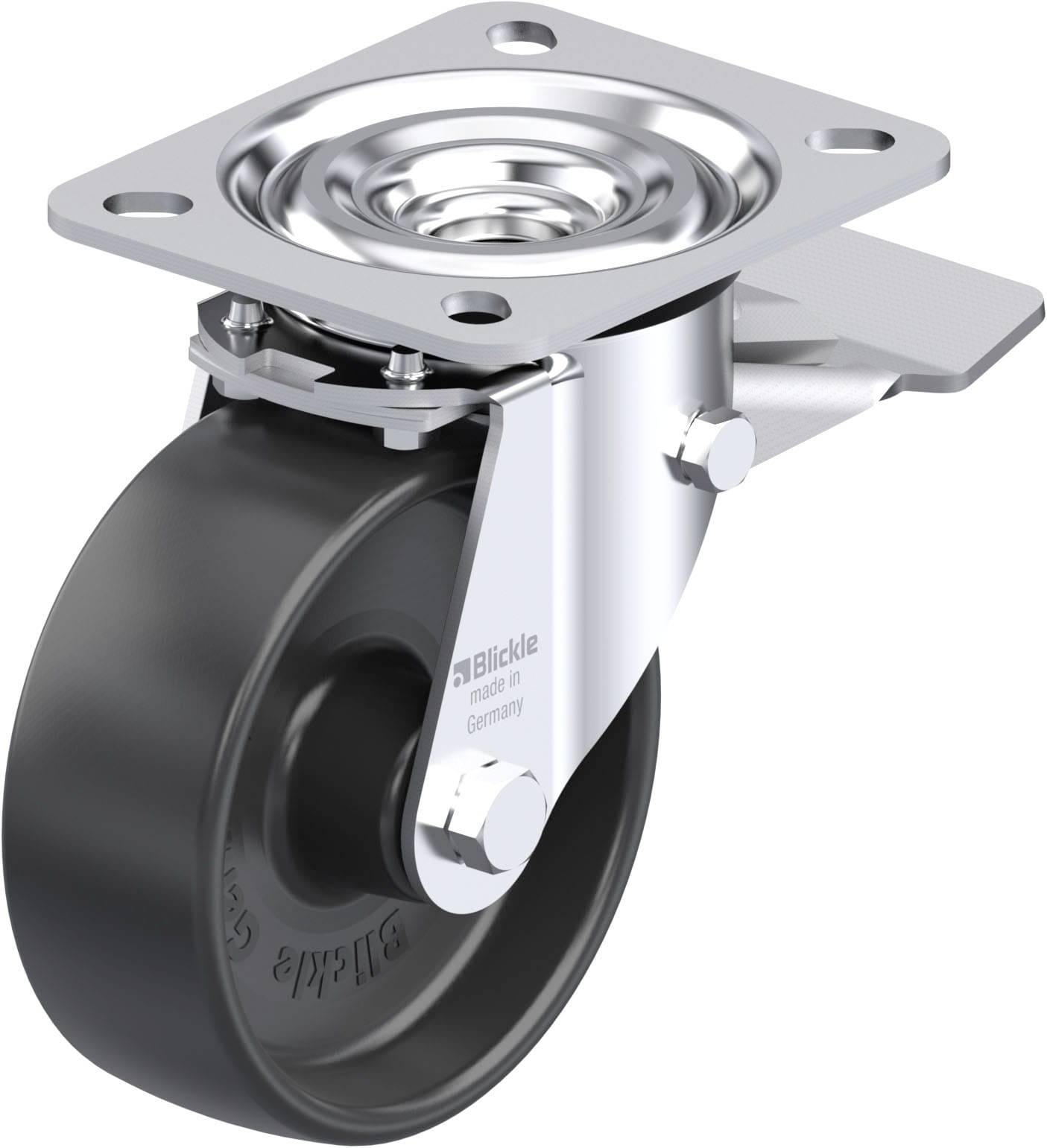 Schwenkrolle aus Metall mit schwarzem Rad und Bremse, hergestellt in Deutschland. Oberplatte zur Befestigung an Möbeln oder Geräten.