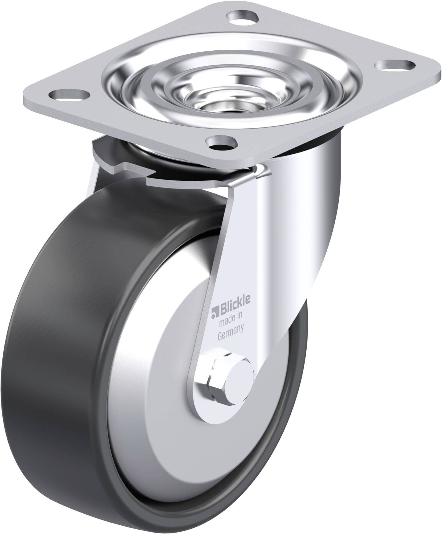 Ein schwarzes Schwenkrollrad mit silbernem Metallgehäuse, geeignet für Möbel oder Geräte. Es hat eine flache Montageplatte.