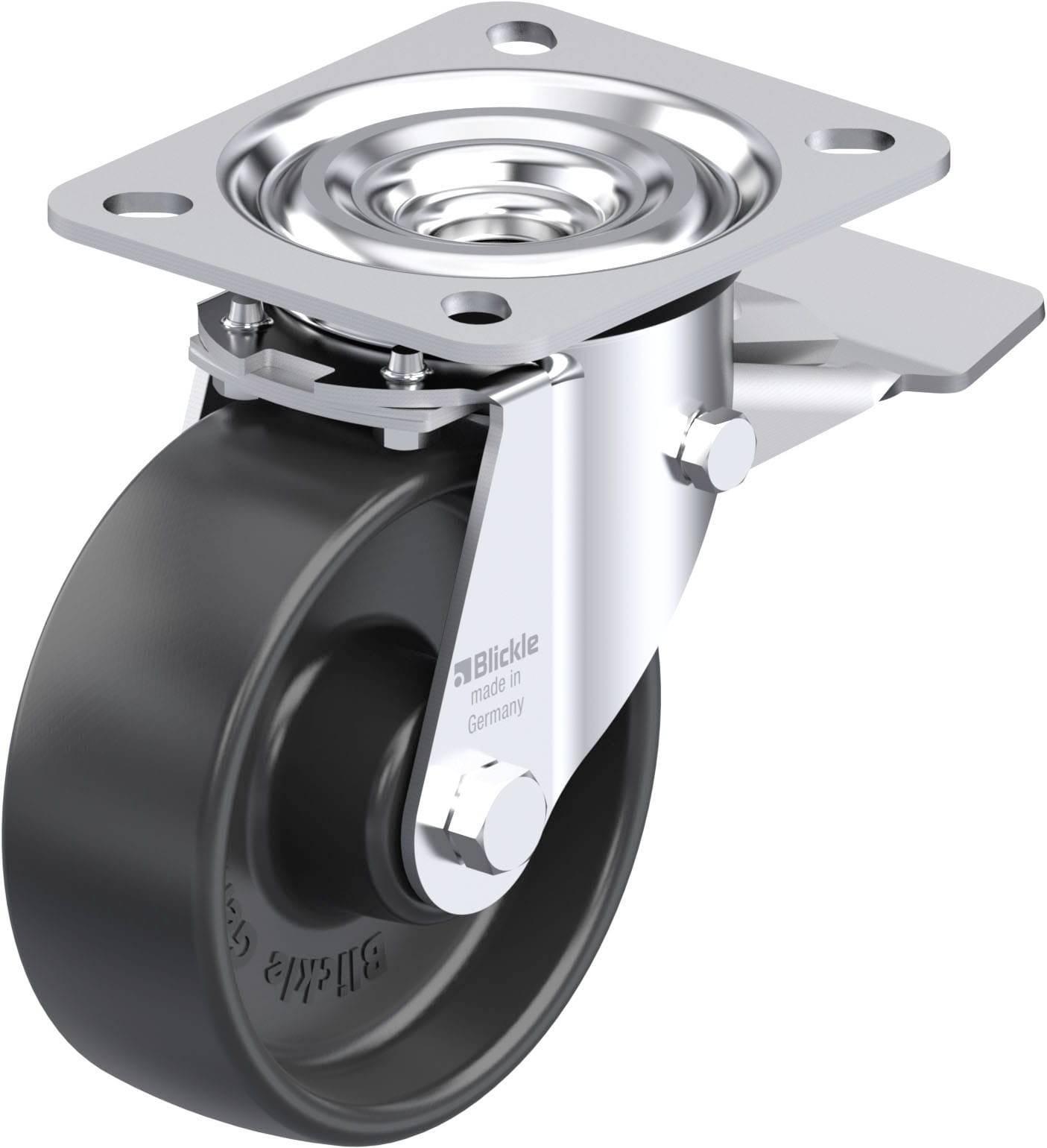 Schwenkrolle mit Metallhalterung und schwarzem Rad, geeignet für Industrienutzung. Markiert mit 'Blickle made in Germany'.