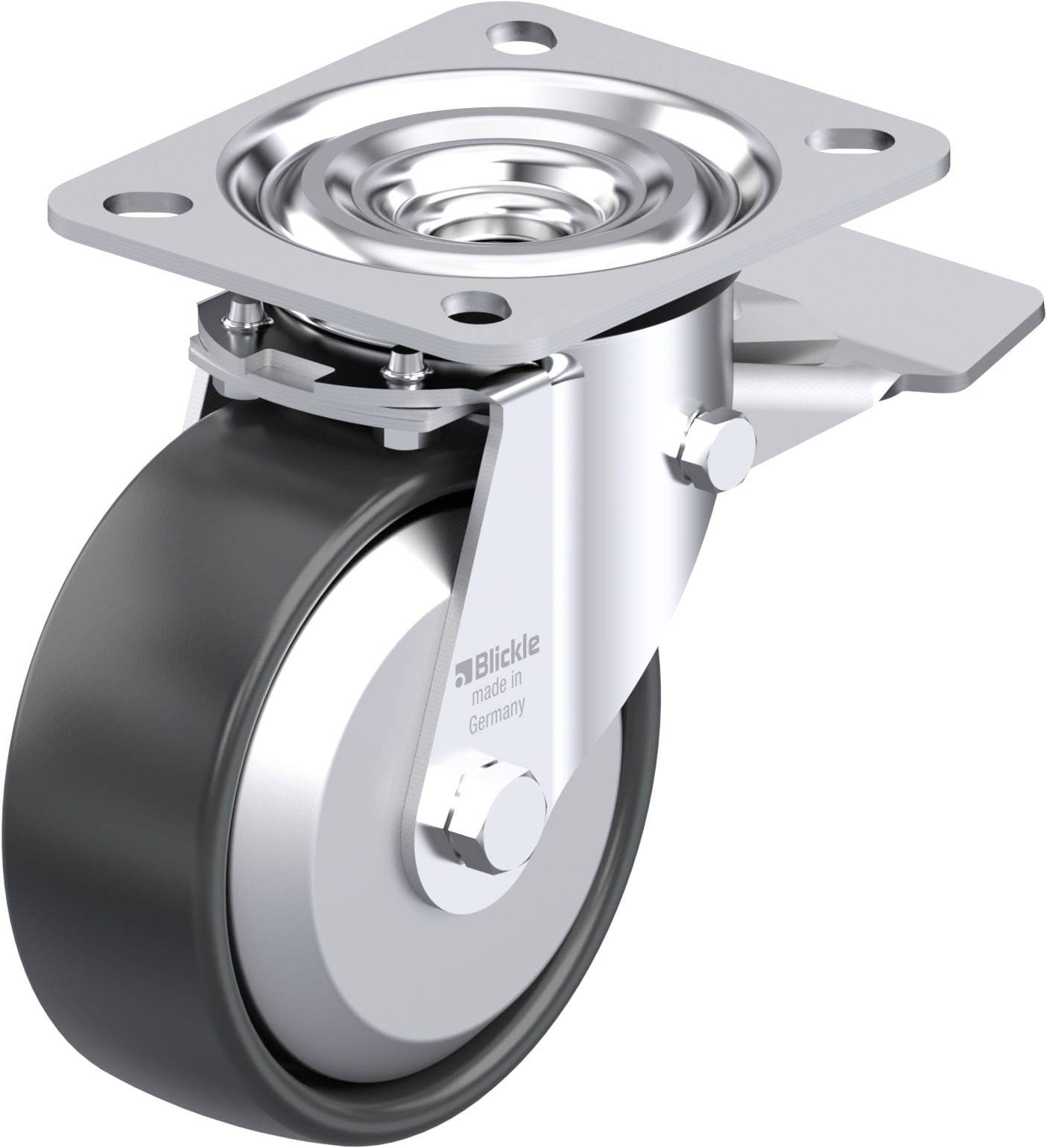 Metallrolle mit schwarzem Rad und Befestigungsplatte. Aufschrift 'Blickle made in Germany' sichtbar. Geeignet für Möbel oder Geräte.