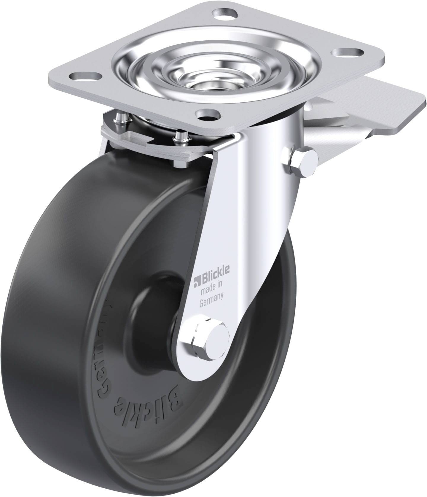 Schwenkrolle mit schwarzem Rad und silbernem Gehäuse. Beschriftet mit 'Blickle made in Germany'.