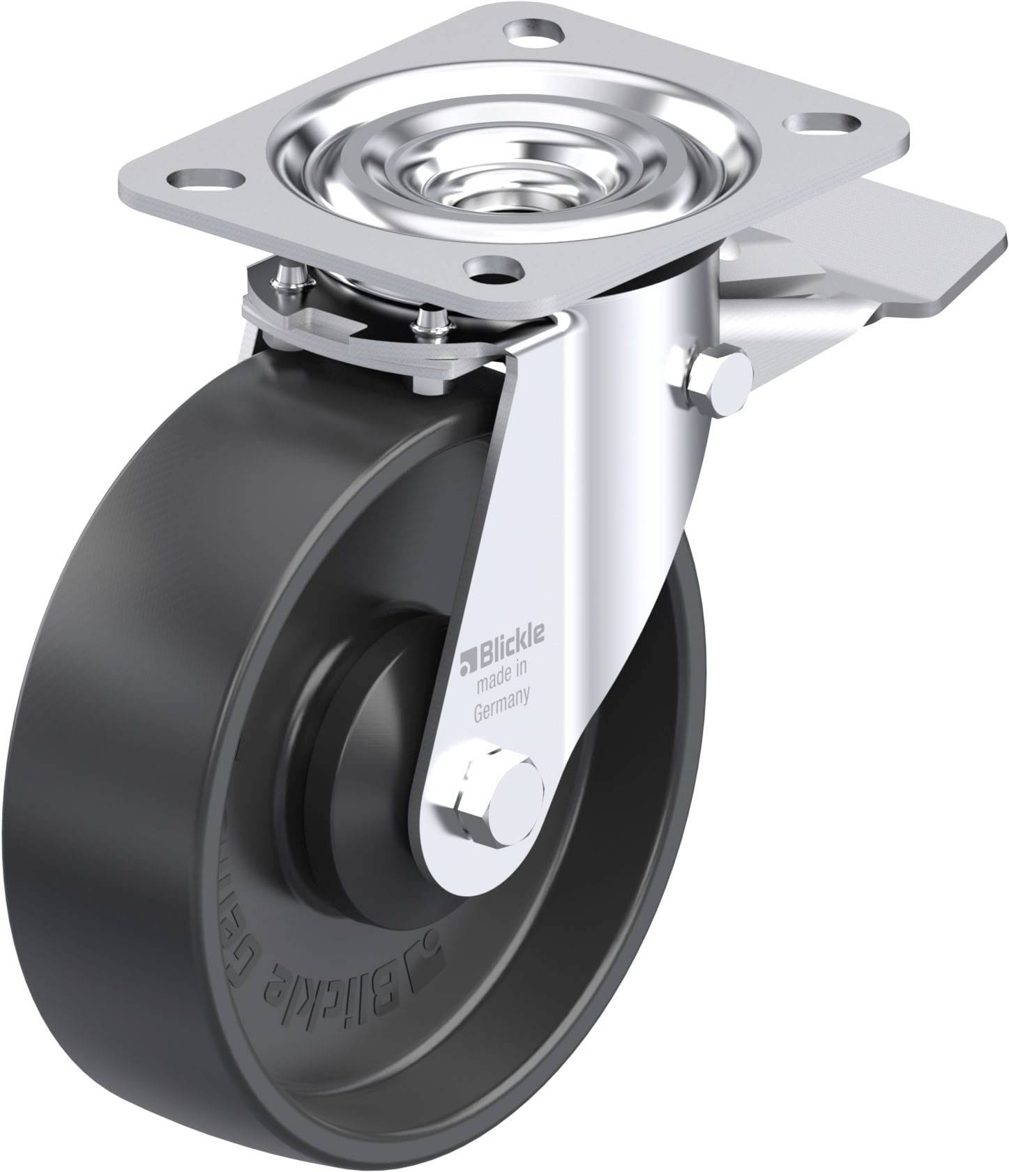 Schwenkrolle mit schwarzem Rad und silberner Halterung. Markierung 'Blickle' erkennbar. Designed für industrielle Anwendungen.