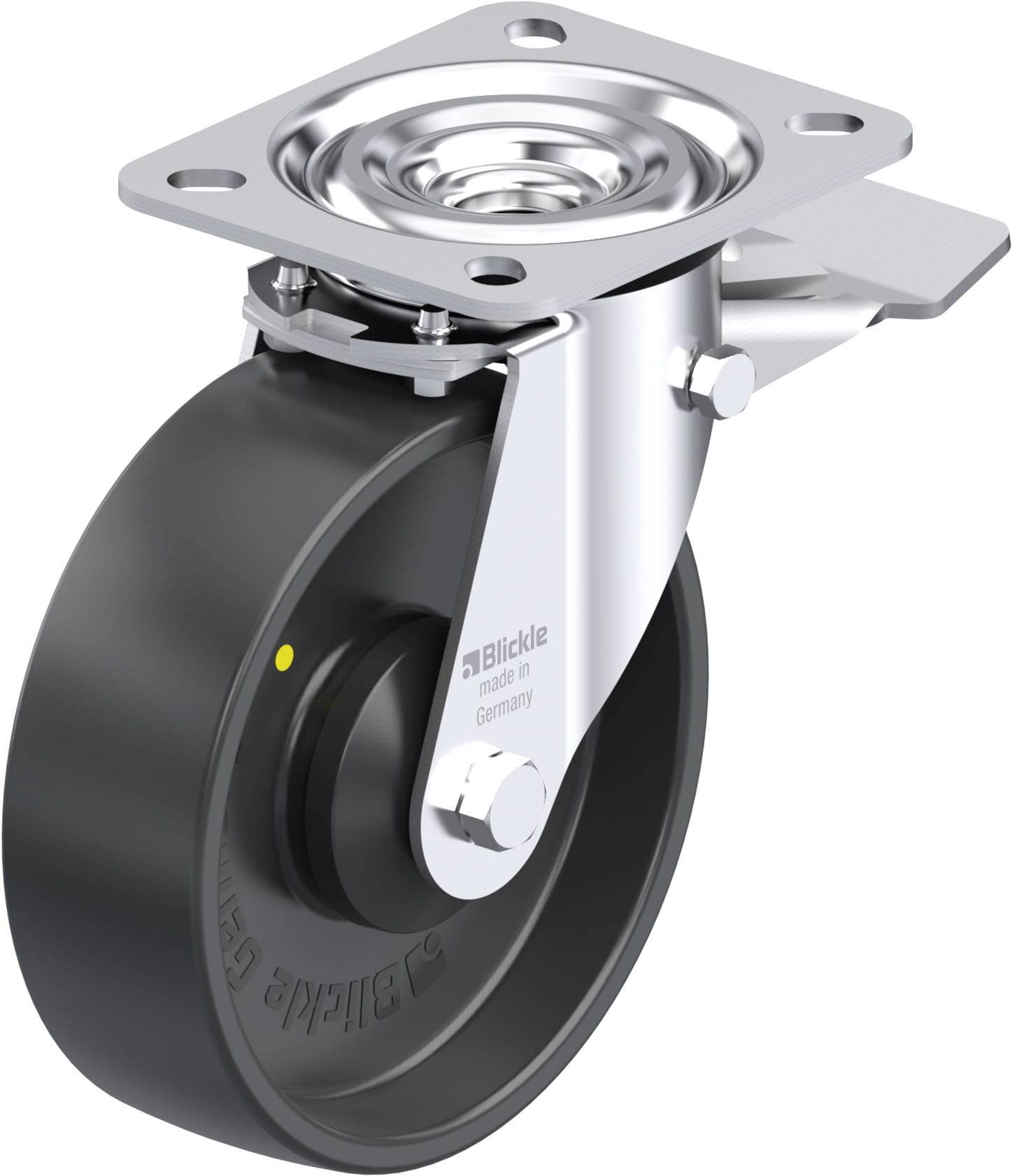 Gleitrolle aus schwarzem Kunststoff mit silbernem Gehäuse und Befestigungsplatte, geeignet für Möbel oder Ausrüstung.