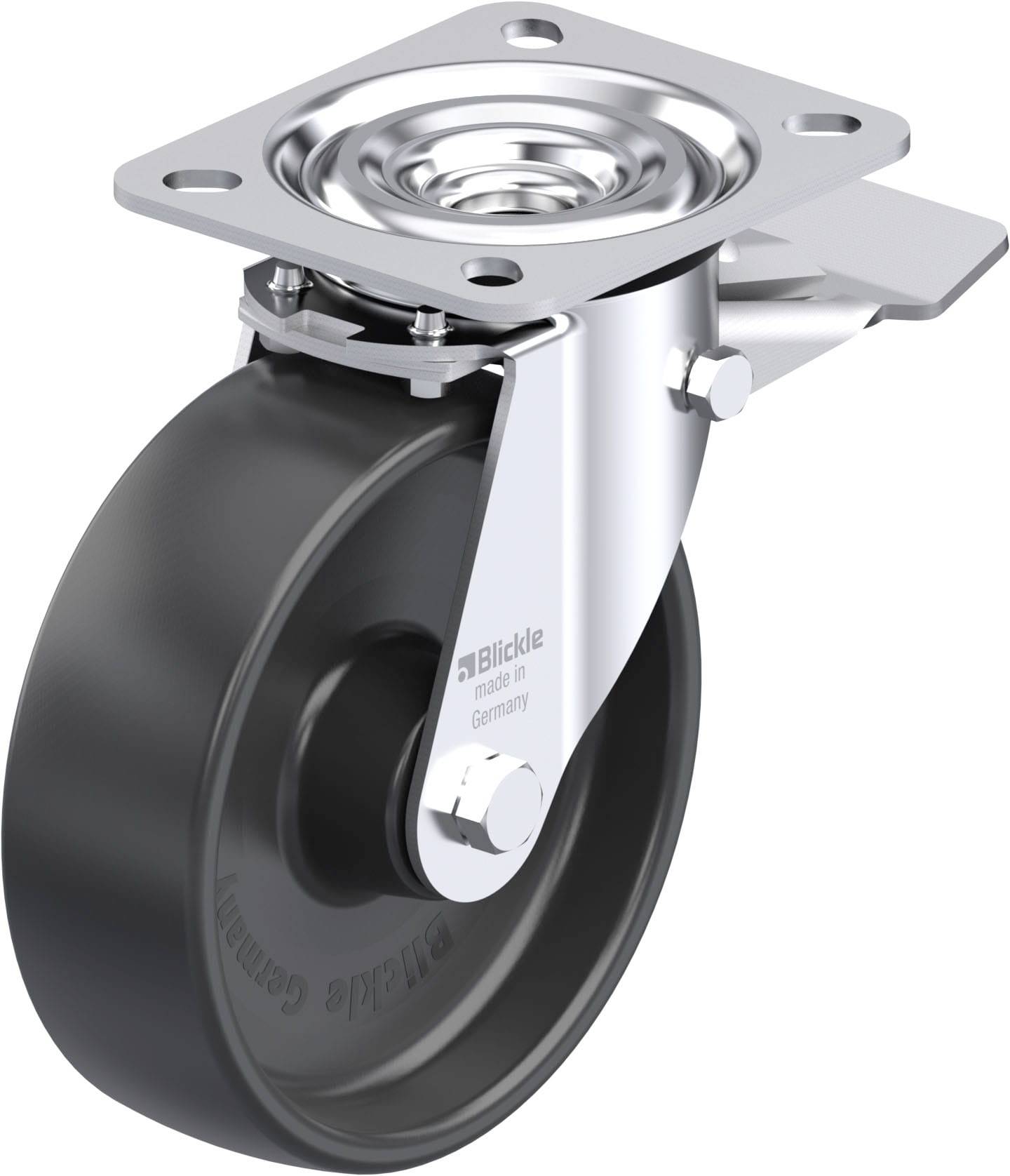 Schwenkrolle mit schwarzem Rad und silbernem Gehäuse, hergestellt von Blicke in Deutschland. Geeignet für den Einsatz an Möbeln oder Geräten.