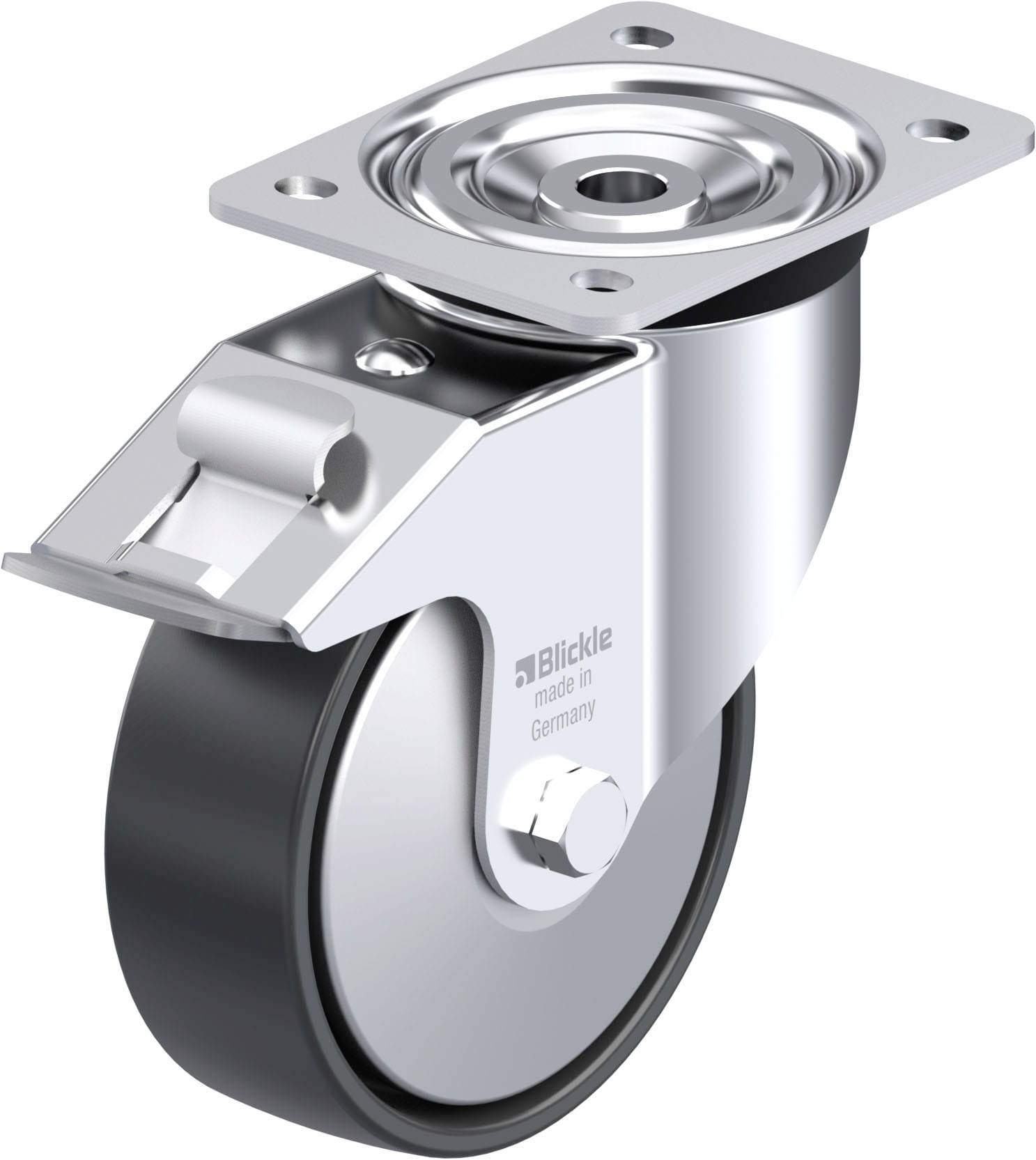 Metallrolle mit rechteckiger Platte, schwarzem Rad und Markierung 'Blickle made in Germany'.