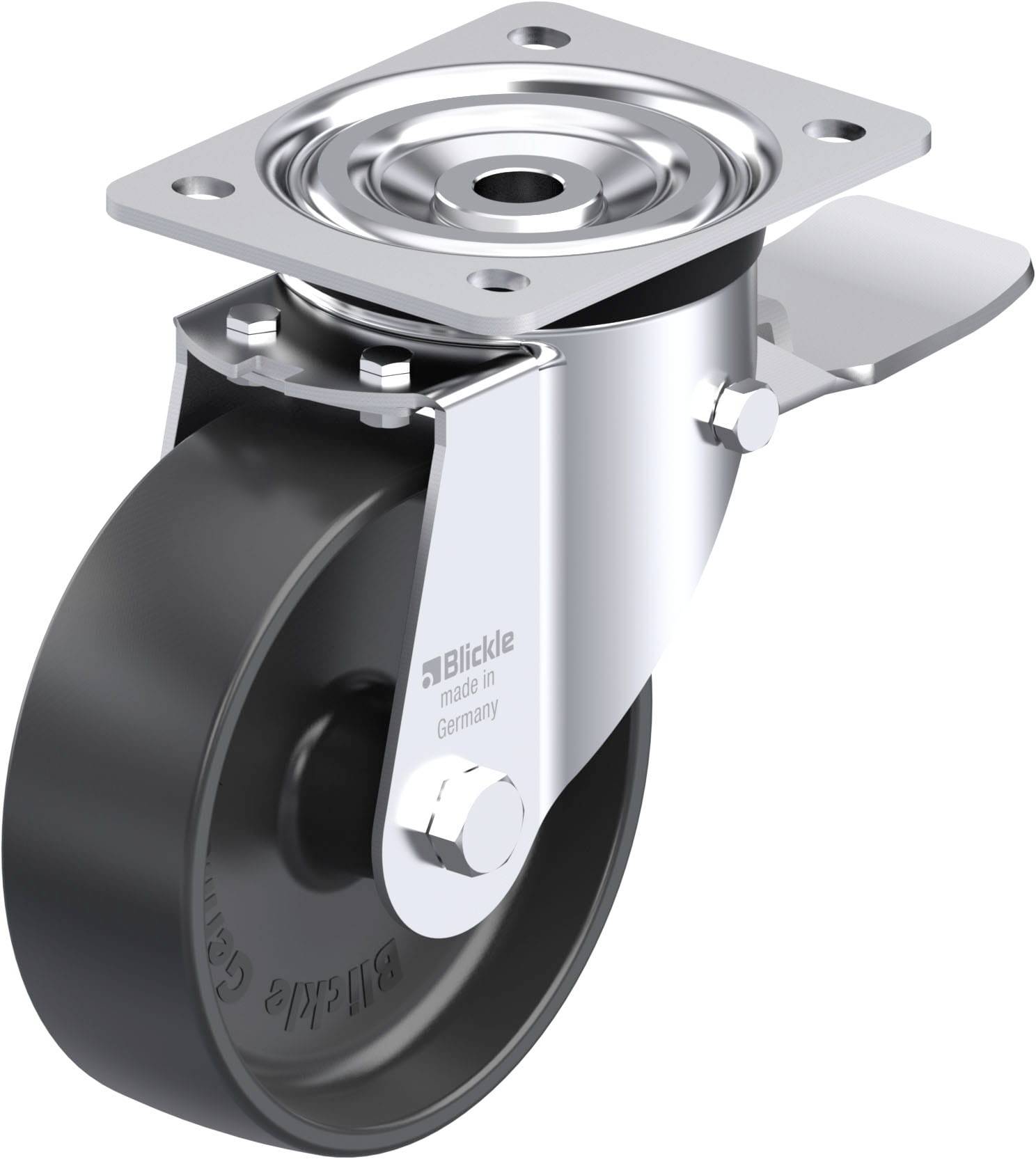 Drehbares Industrie-Lenkrolle mit schwarzem Kunststoffrad und Metallgehäuse, geeignet für schwere Lasten, auf glatten Oberflächen.