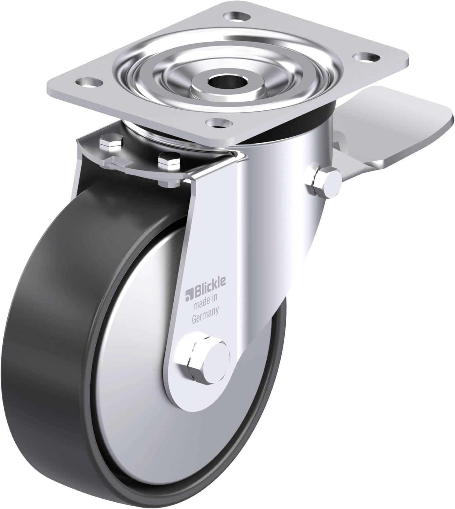 Schwenkrolle mit einem schwarzen Rad und silbernem Gehäuse, das für Mobilität und Stabilität in Anwendungen verwendet wird.