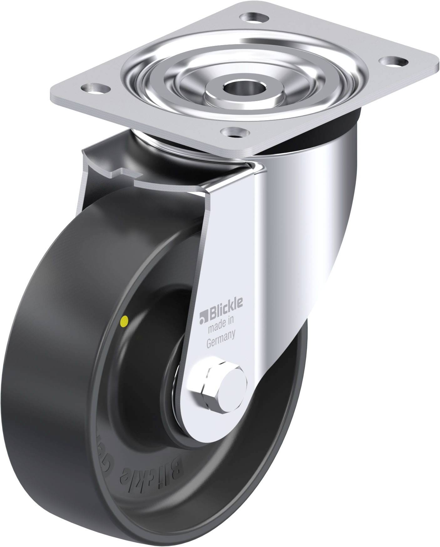 Schwenkrolle aus Metall und Kunststoff, geeignet für Transportgeräte, mit Befestigungsplatte. Markiert mit 'Blickle made in Germany'.