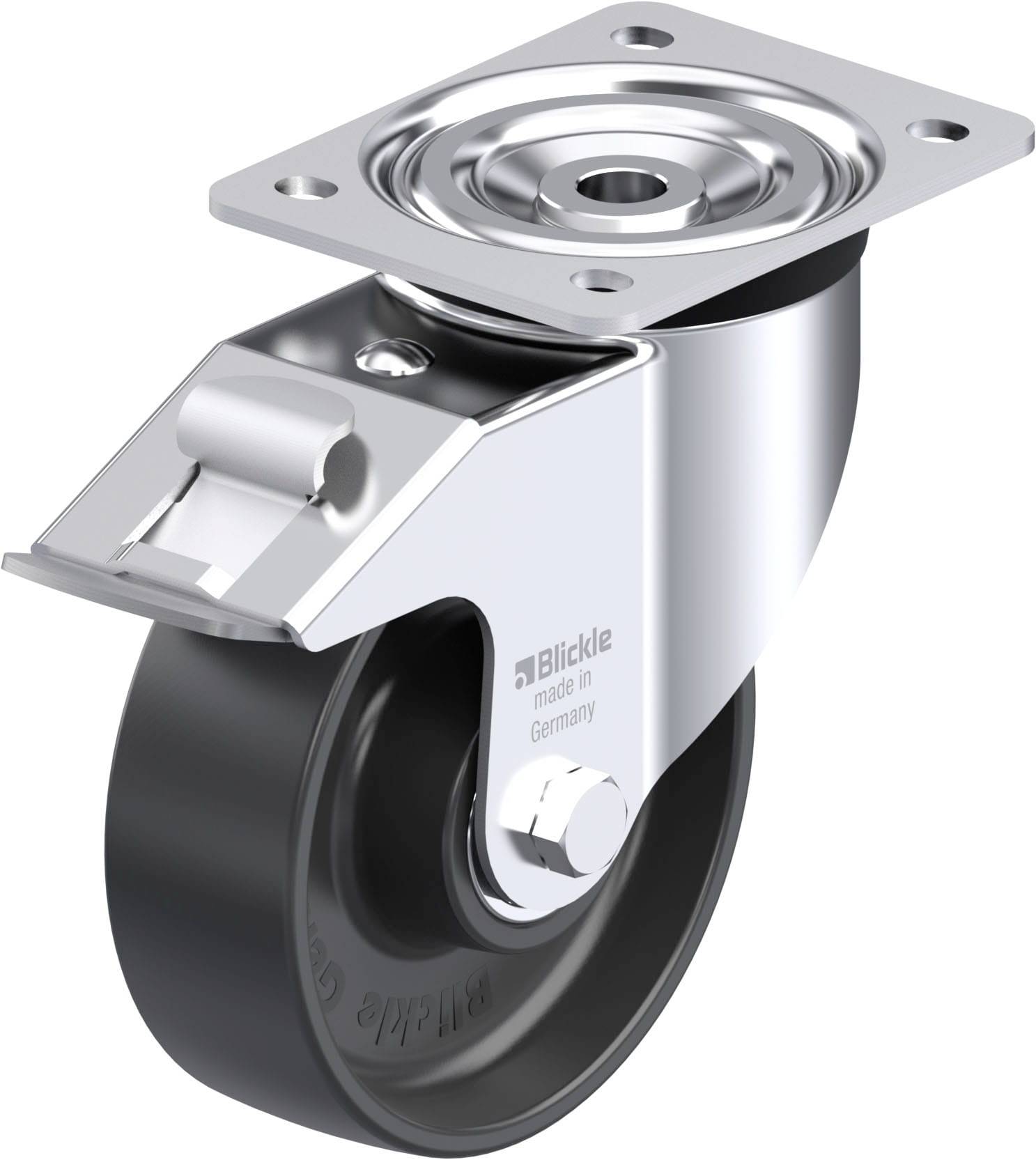 Drehbares, stabiles Rollenrad aus Metall und Kunststoff für industrielle Anwendungen, mit Befestigungsplatte und Bremse.