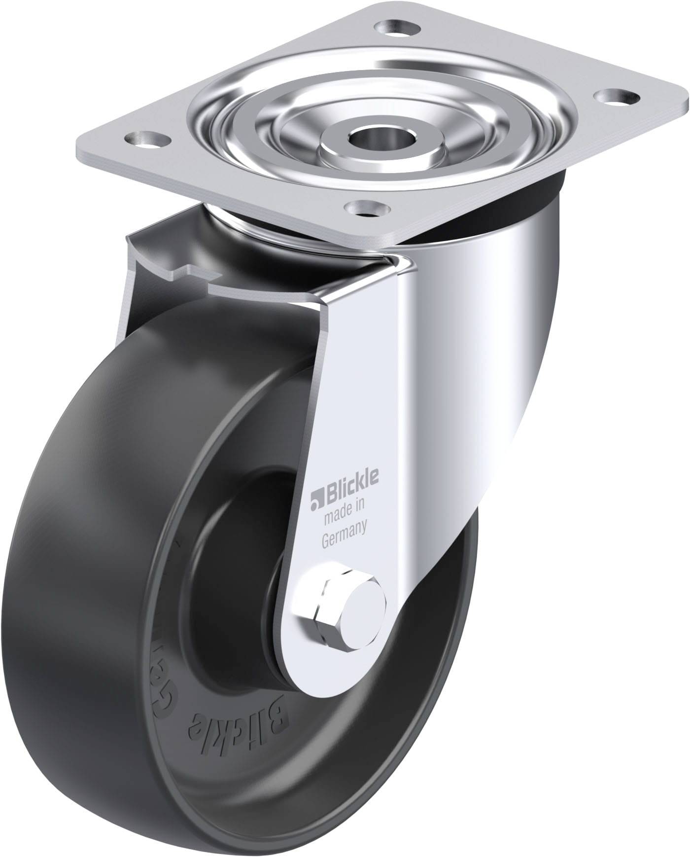 Schwenkrolle aus Metall mit schwarzem Rad und Montageplatte, geeignet für Möbel oder Geräte. Hergestellt in Deutschland.