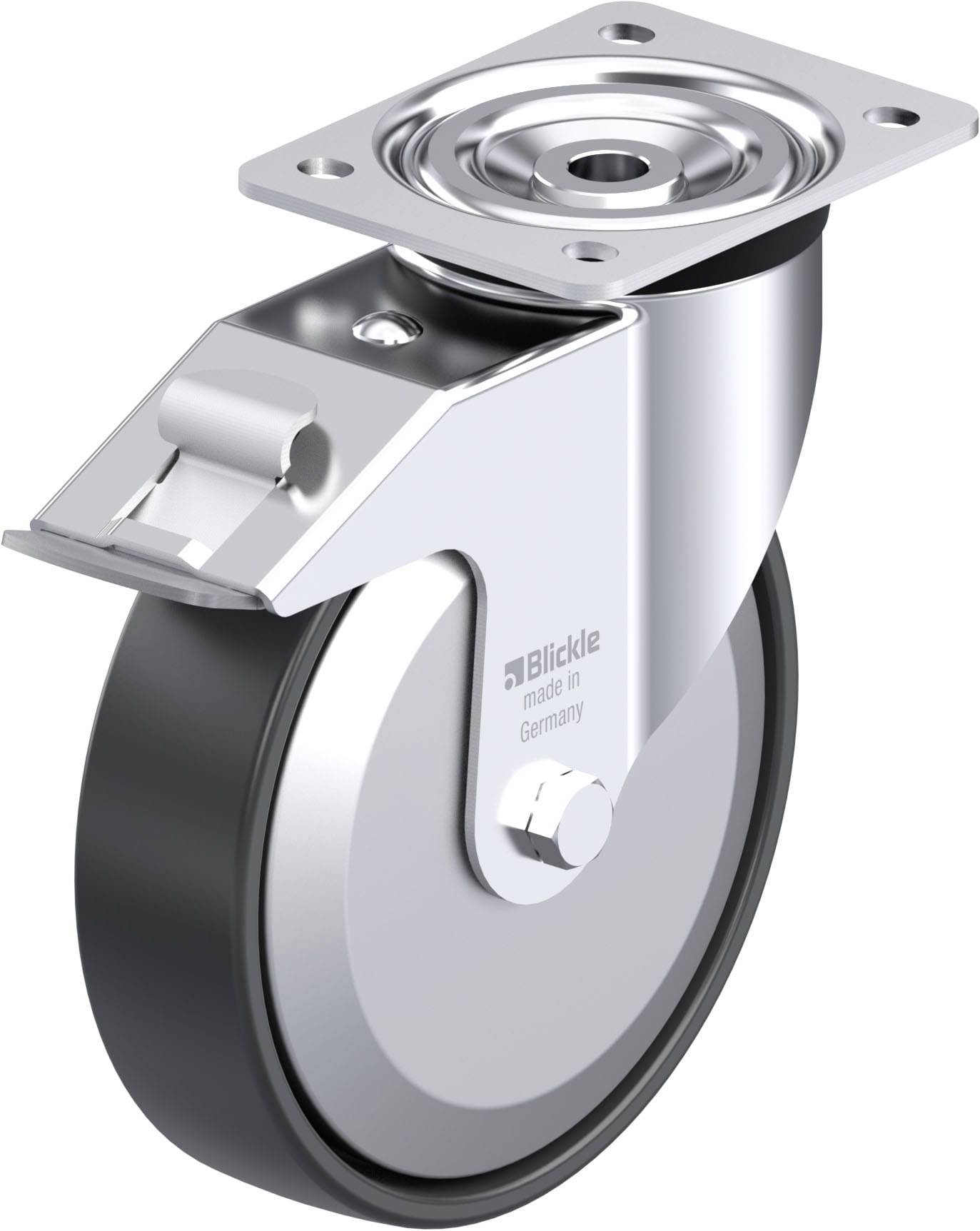 Ein silbernes Schwerlast-Lenkrollenrad mit einem schwarzen Gummirollenbelag und einer glatten, metallischen Halterung.