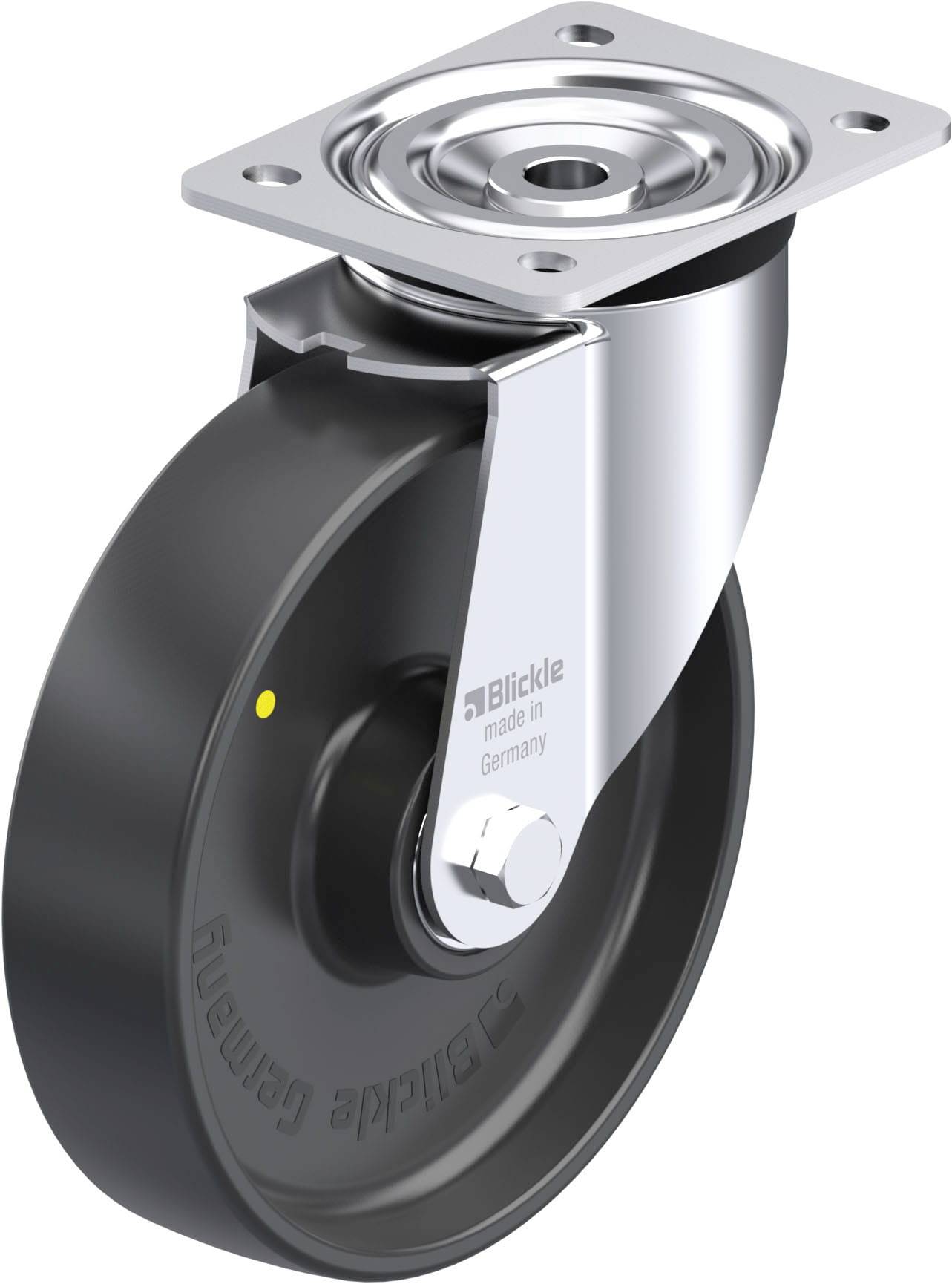 Schwenkrolle mit Metallgehäuse und schwarzem Rad. Auf dem Gehäuse steht 'Blickle, made in Germany'. Geeignet für Möbel oder Geräte.