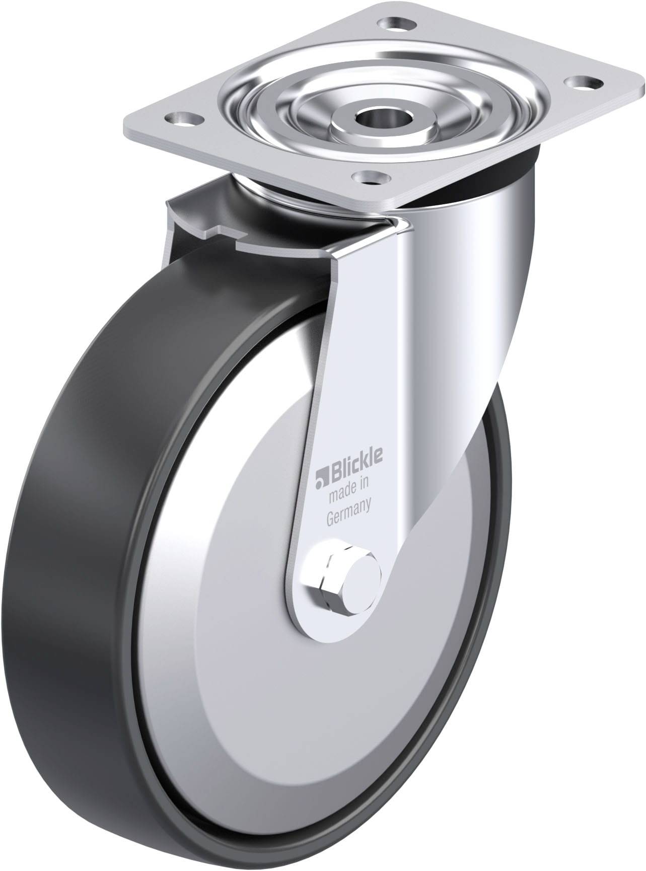 Ein graues Laufrollenrad aus Gummi mit Metallgehäuse und Befestigungsplatte, geeignet für Möbel und Geräte.