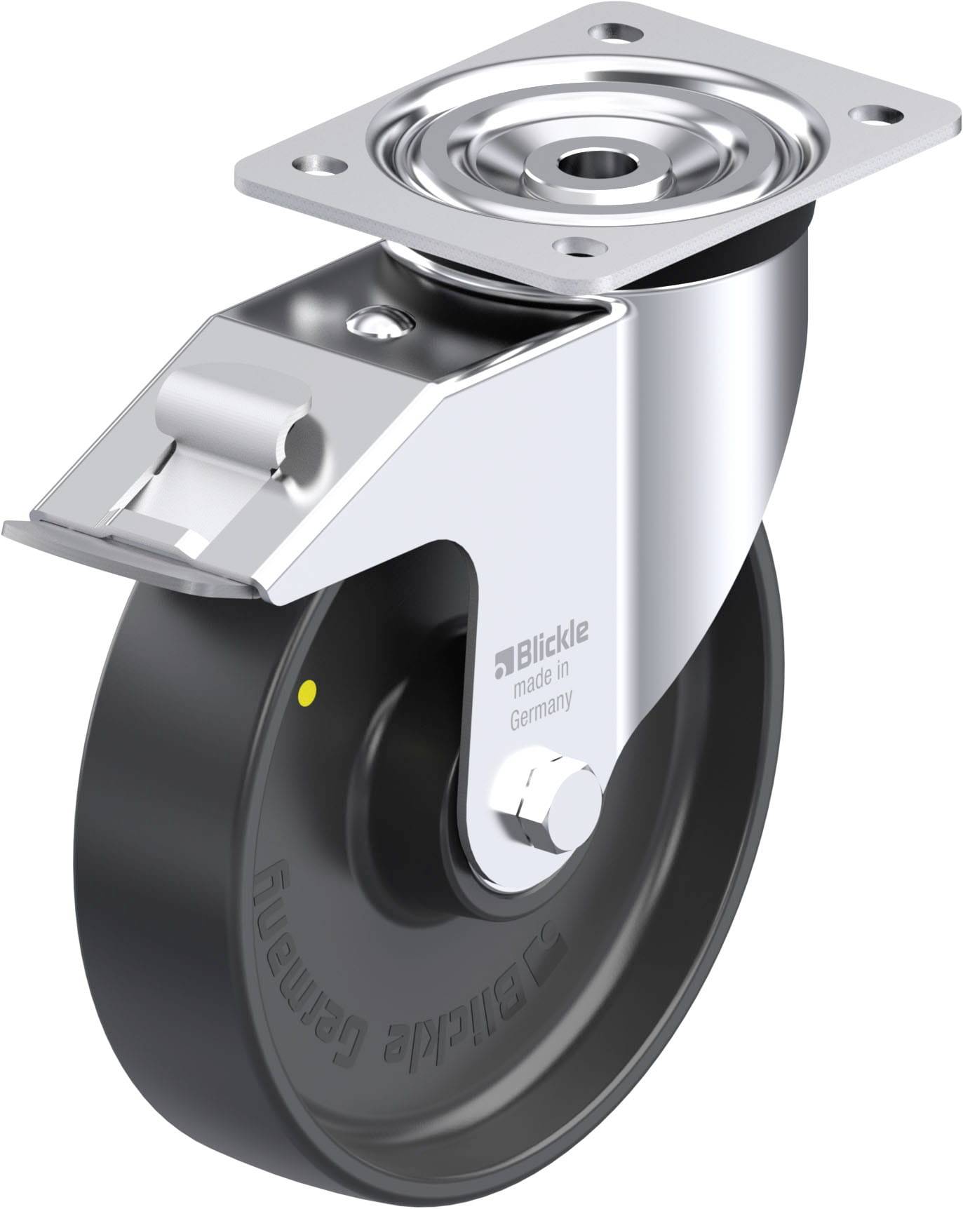 Schwenkrolle mit Metallplatte, schwarzes Rad, silbernes Gehäuse. Auf Druckguss-Gehäuse steht 'made in Germany'. Robust und stabil.