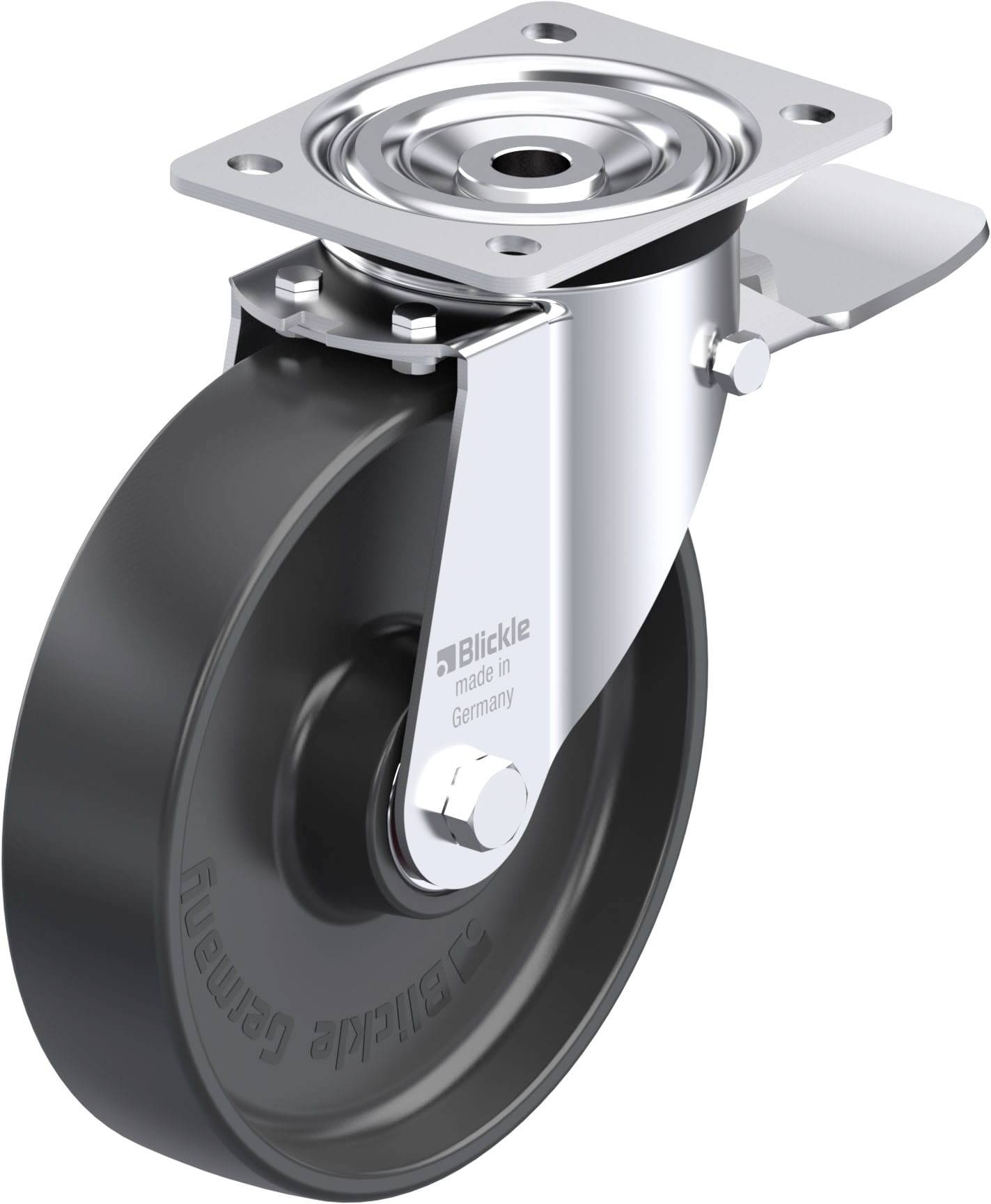 Eine robuste Laufrolle mit Metallplatte und Bremse aus Metall. Die Aufschrift 'Made in Germany' ist auf der Seite zu sehen.