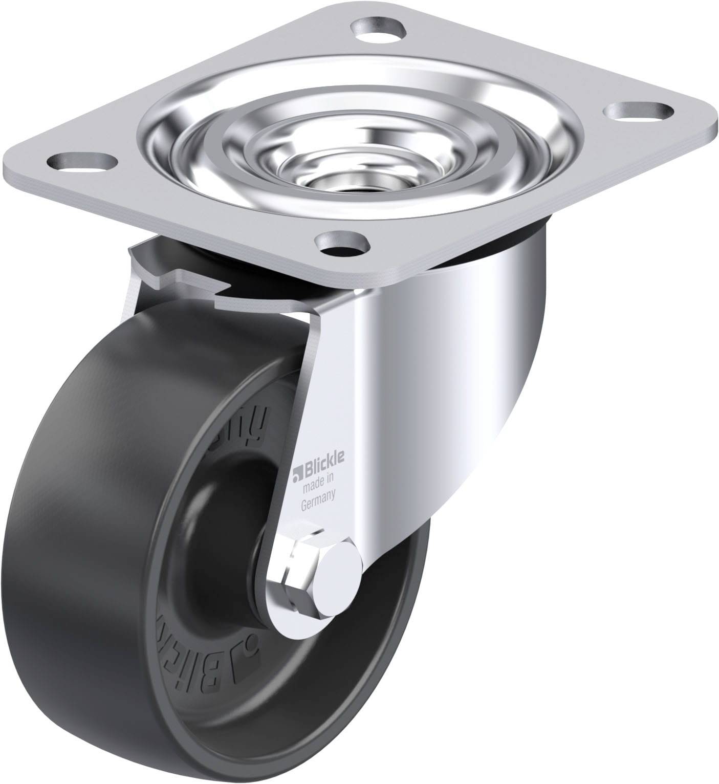 Schwenkrolle aus Metall mit schwarzem Kunststoffrad, ideal für Möbel oder Geräte. Quadratische Befestigungsplatte oben.