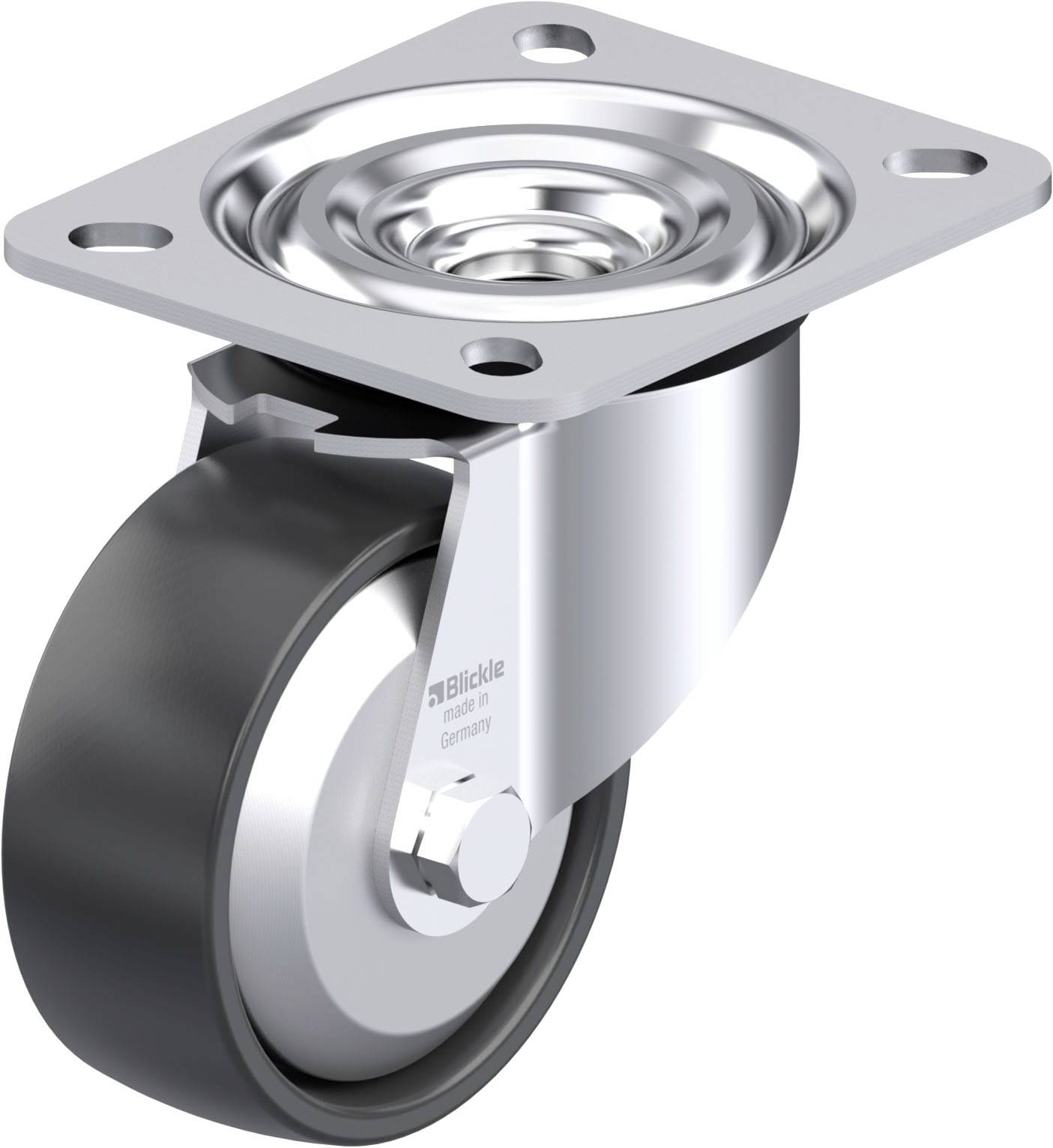 Schwenkrolle mit Metallplatte und Kunststoffrad, geeignet für Möbel oder Geräte für einfache Mobilität und stabile Befestigung.