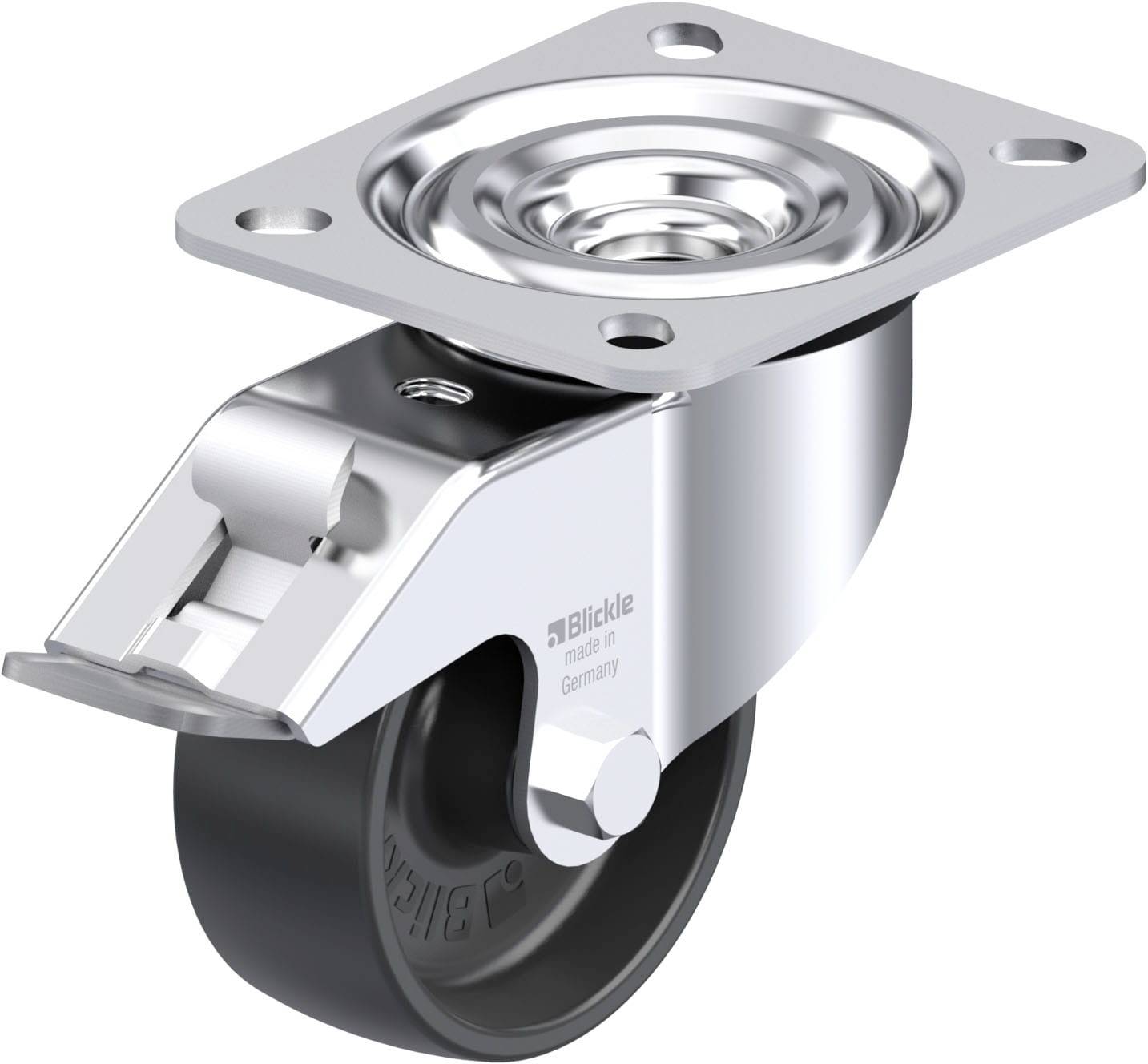 Metallisches Lenkrollen-Bauteil mit schwarzem Rad und Befestigungsplatte, geeignet für die Montage an Möbeln oder Geräten.