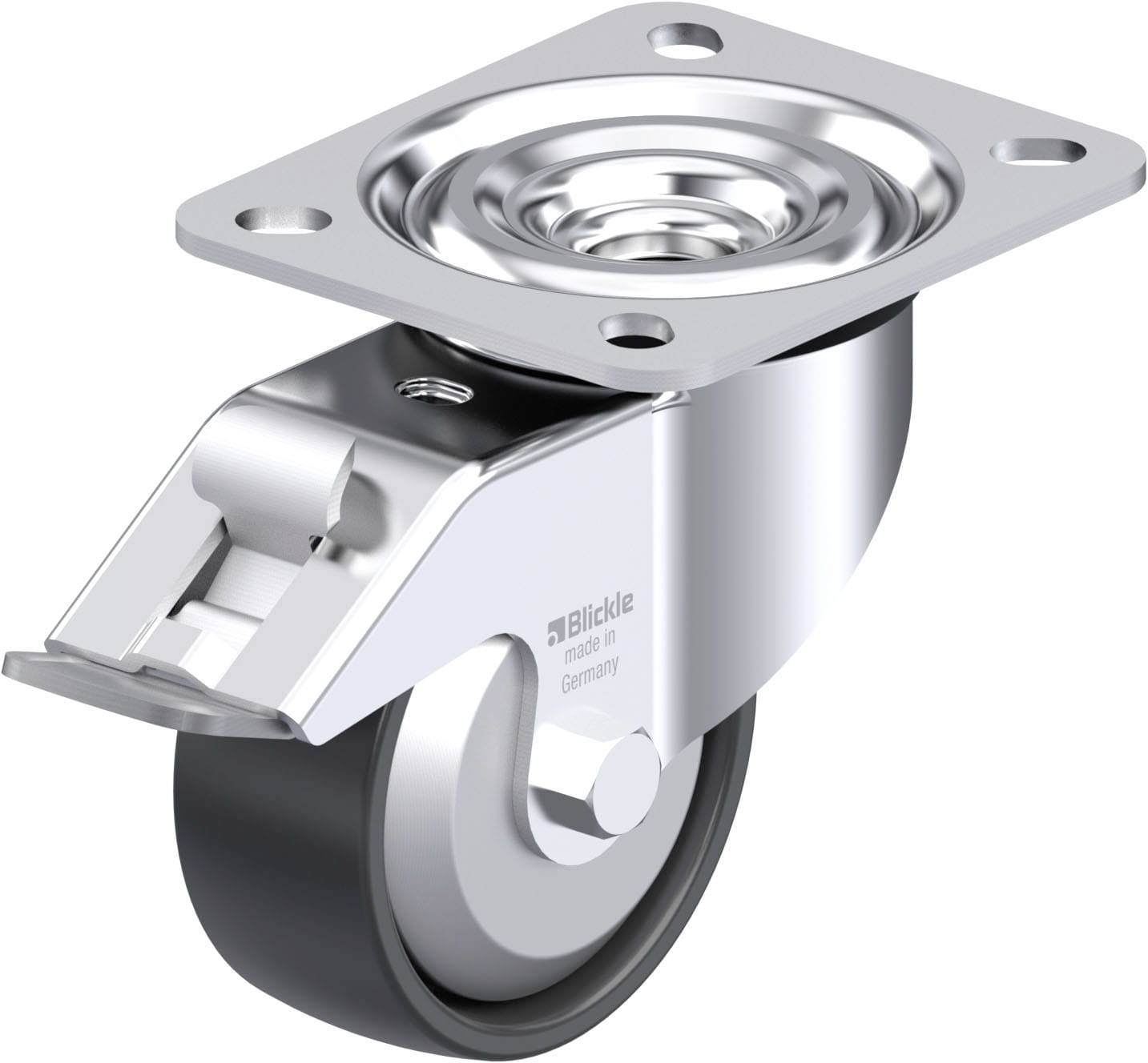 Schwenkrolle aus Metall mit schwarzem Rad und rechteckiger Montageplatte. Eignet sich für Möbel oder Geräten mit Bewegungsbedarf.