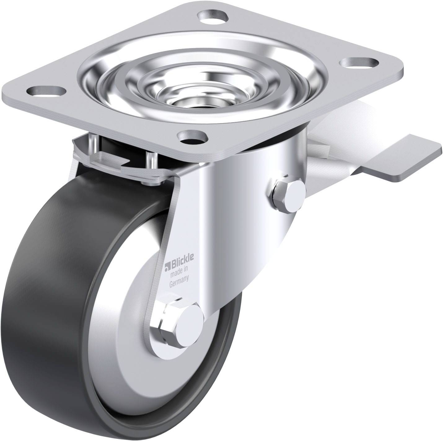 Schwenkrolle aus Metall mit schwarzem Rad und Befestigungsplatte. Geeignet für Möbel oder Geräte zur flexiblen Bewegung.