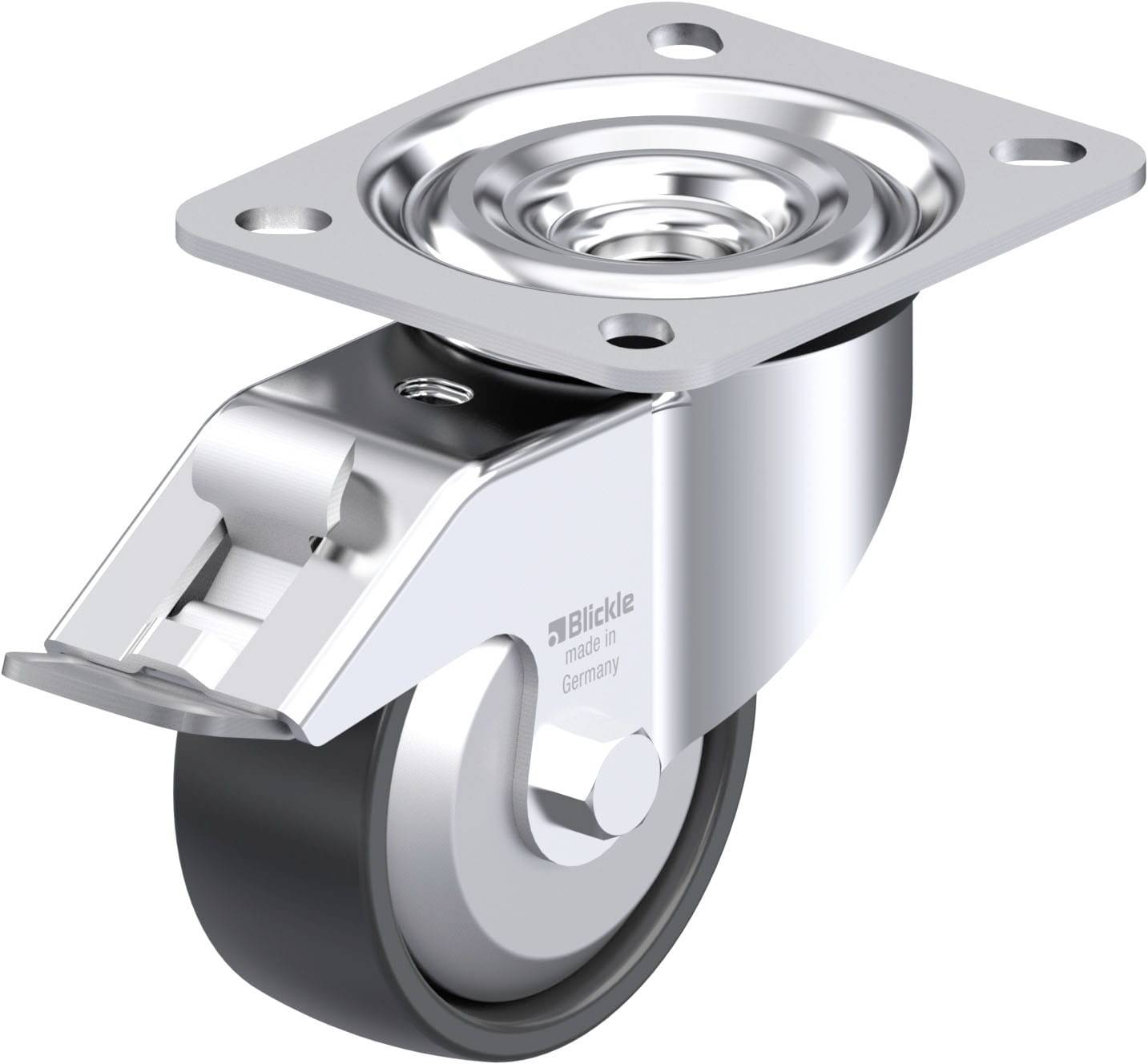 Ein silbernes Lenkrolle mit Platte und Bremse aus Metall, geeignet für die Befestigung an Möbeln oder Transportgeräten.
