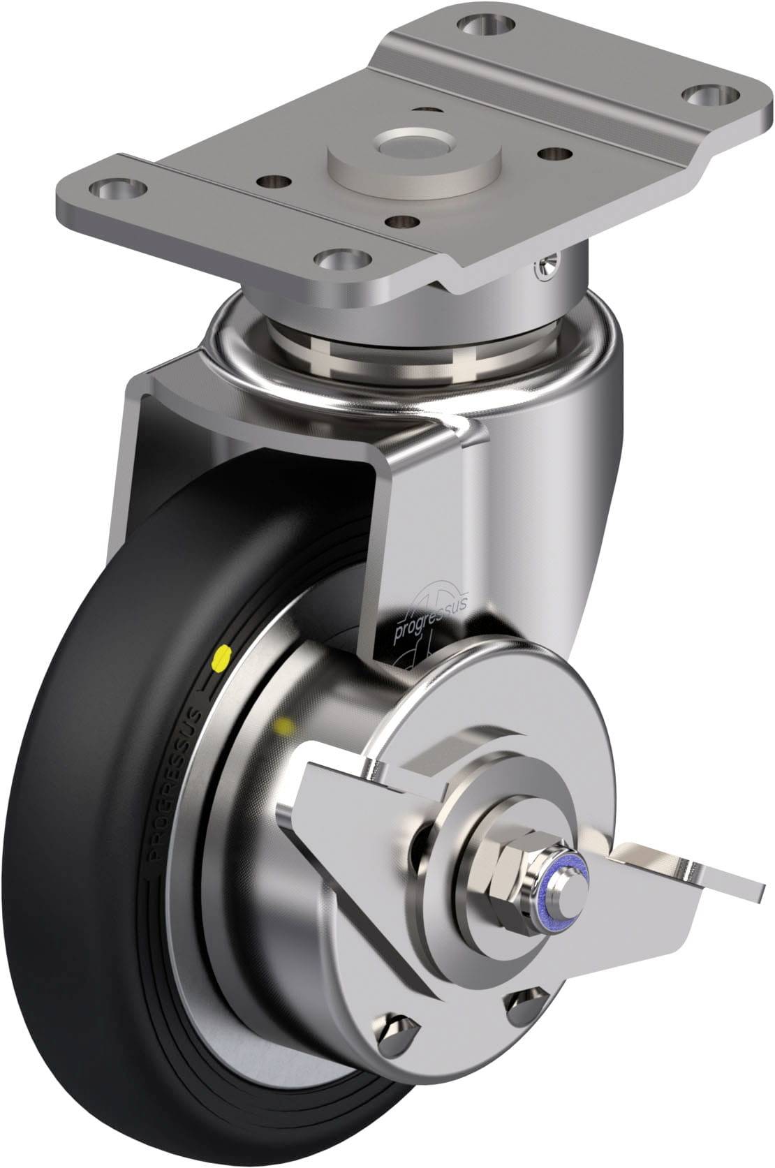 Metallisches Lenkrollenrad mit schwarzem Gummi, Montageplatte und Feststellbremse, geeignet für Industriemöbel oder Transportwagen.