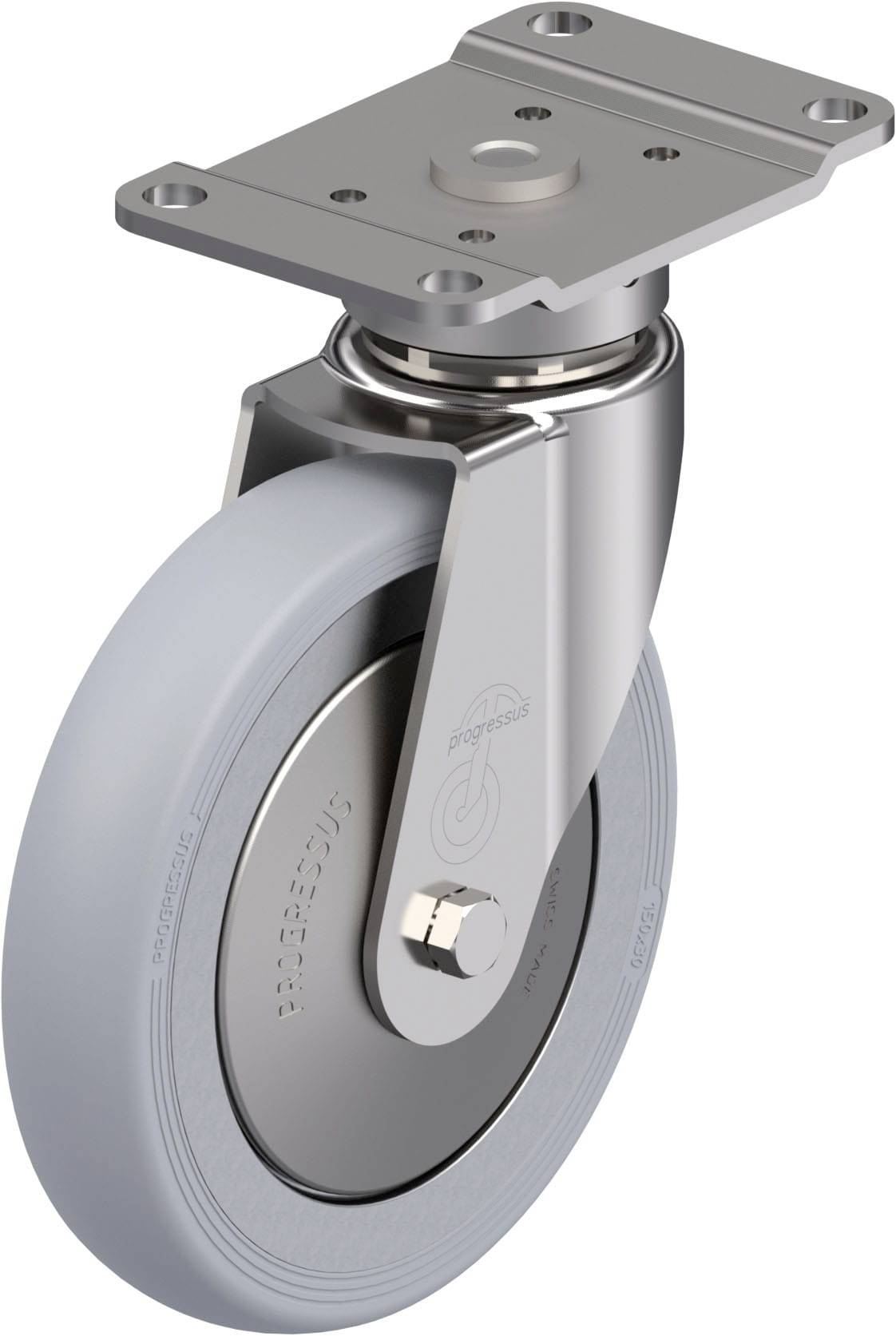 Grau-blaues Laufrollenrad mit Metallgehäuse und Befestigungsplatte. Geeignet für Möbel oder Transportgeräte.