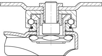 Technische Zeichnung eines Querschnitts eines Kugellagers mit detaillierten Komponenten und Angaben zu Materialien und Strukturen.