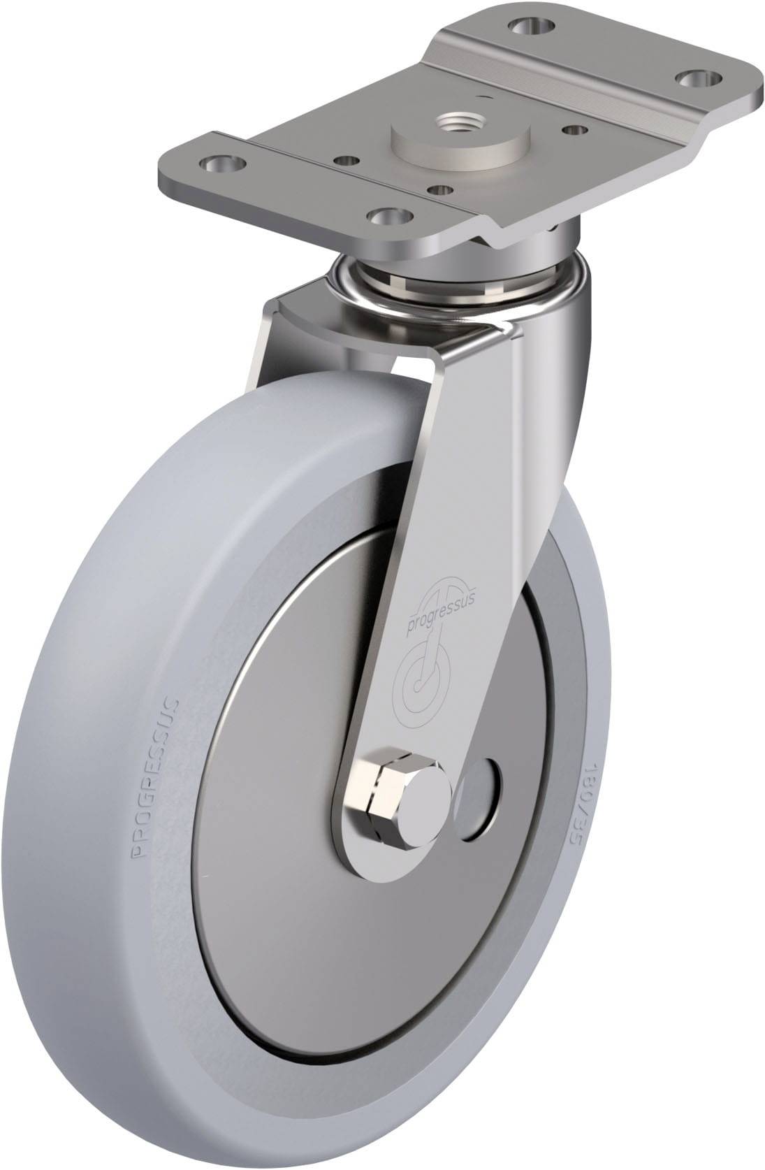 Rundes, graues Rollrad mit Metallhalterung, oben vier Schraublöcher zur Befestigung. Verwendung für mobile Möbel oder Geräte.