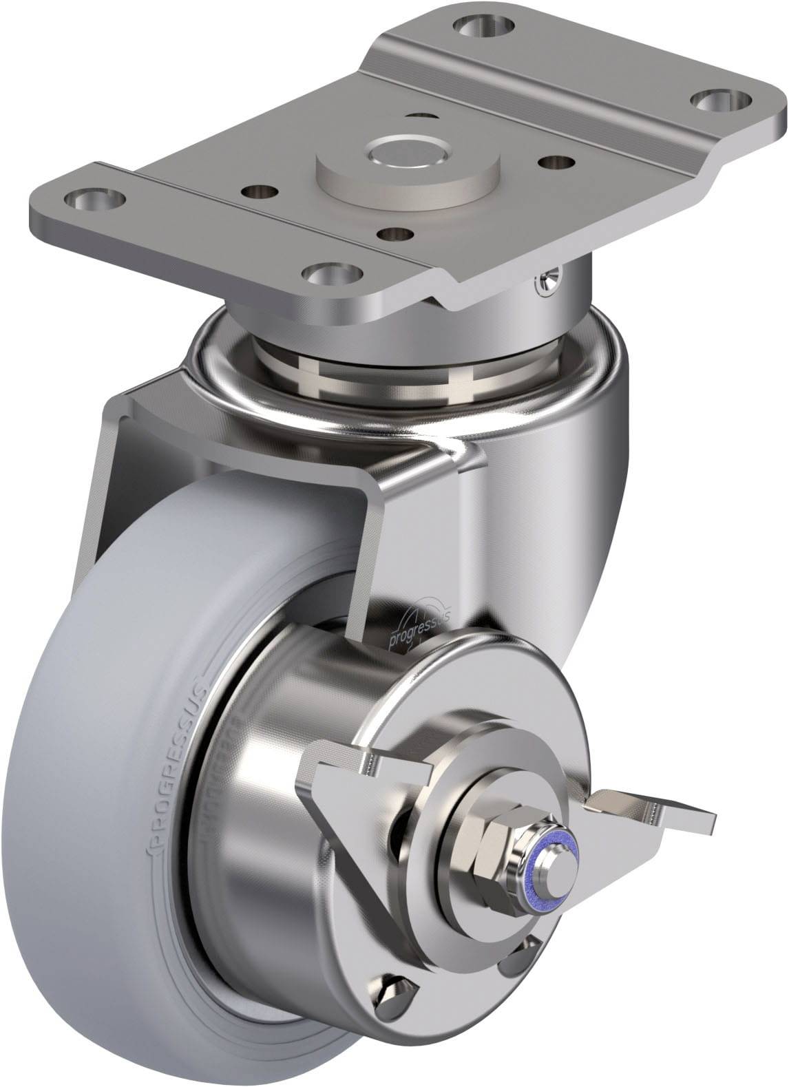 Schwenkrolle aus Metall mit grauem Rad und Befestigungsplatte, zeigt ein robustes Industriedesign, ideal für Schwerlastanwendungen.