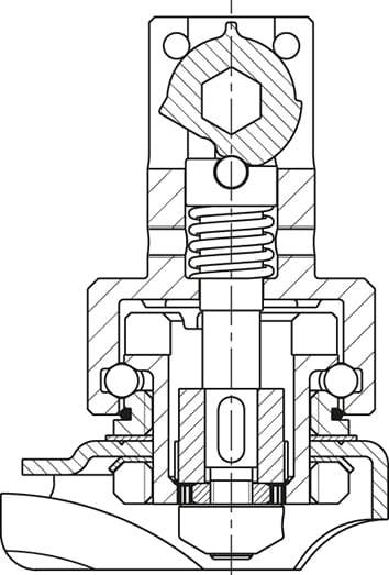 Technische Zeichnung eines Ventilschnitts. Zeigt das Innenleben mit Feder, Kolben und Gehäuse. Ideal zur Veranschaulichung mechanischer Komponenten.