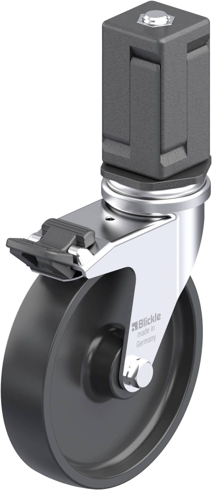 Schwenkrolle mit Bremse, dunkelgraues Rad, rechteckige Aufnahme mit Schraube oben. Ideal für Transportgeräte. Marke auf Metallschenkel sichtbar.