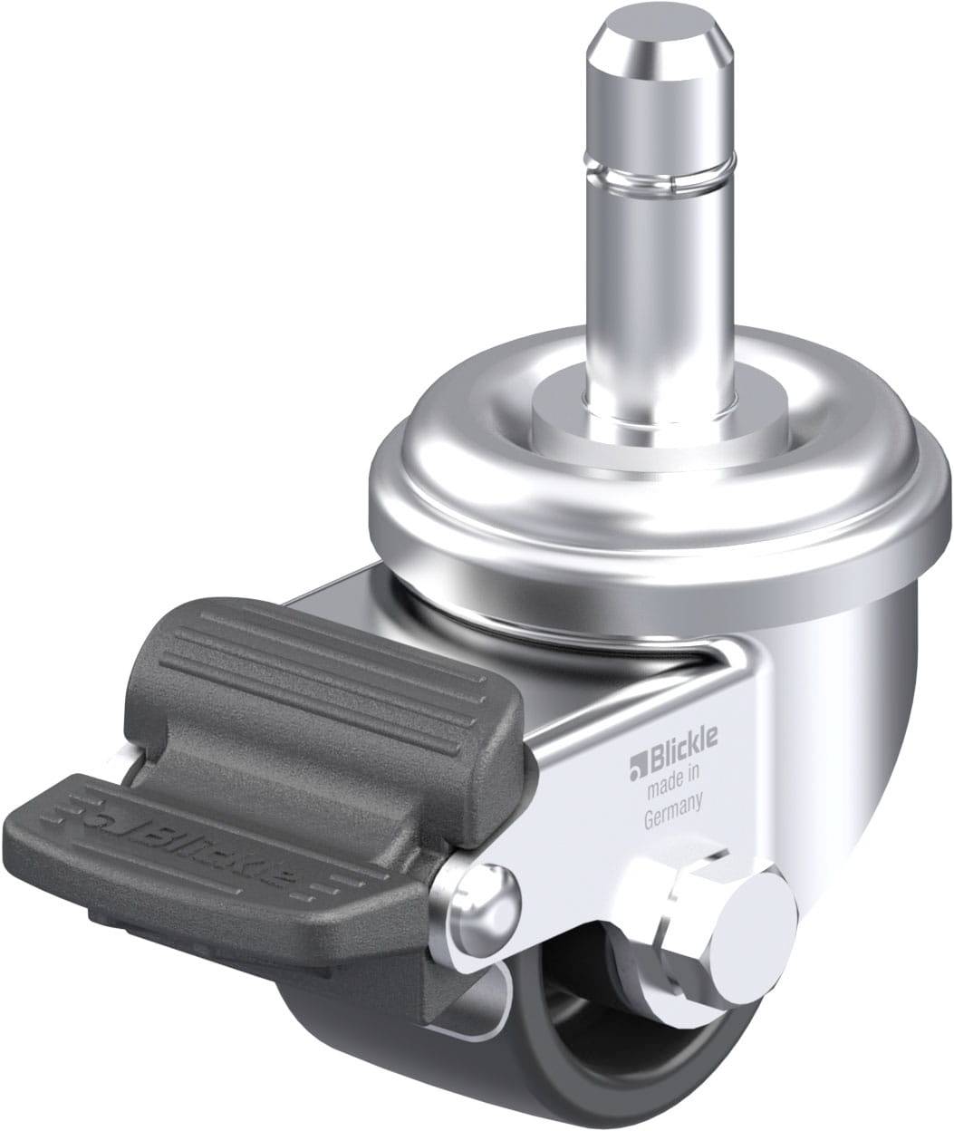 Industrie-Rolle aus Metall mit schwarzer Bremse. Aufschrift 'Blickle made in Germany' auf der Seite.