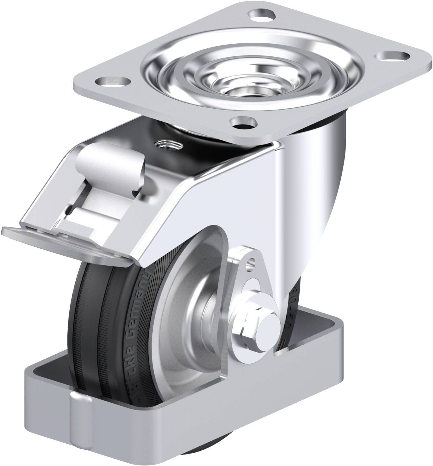 Industrie-Bockrolle mit Metallgehäuse und schwarzem Rad. Geeignet für hohe Tragkraft, häufig in Transport- und Geräteanwendungen verwendet.
