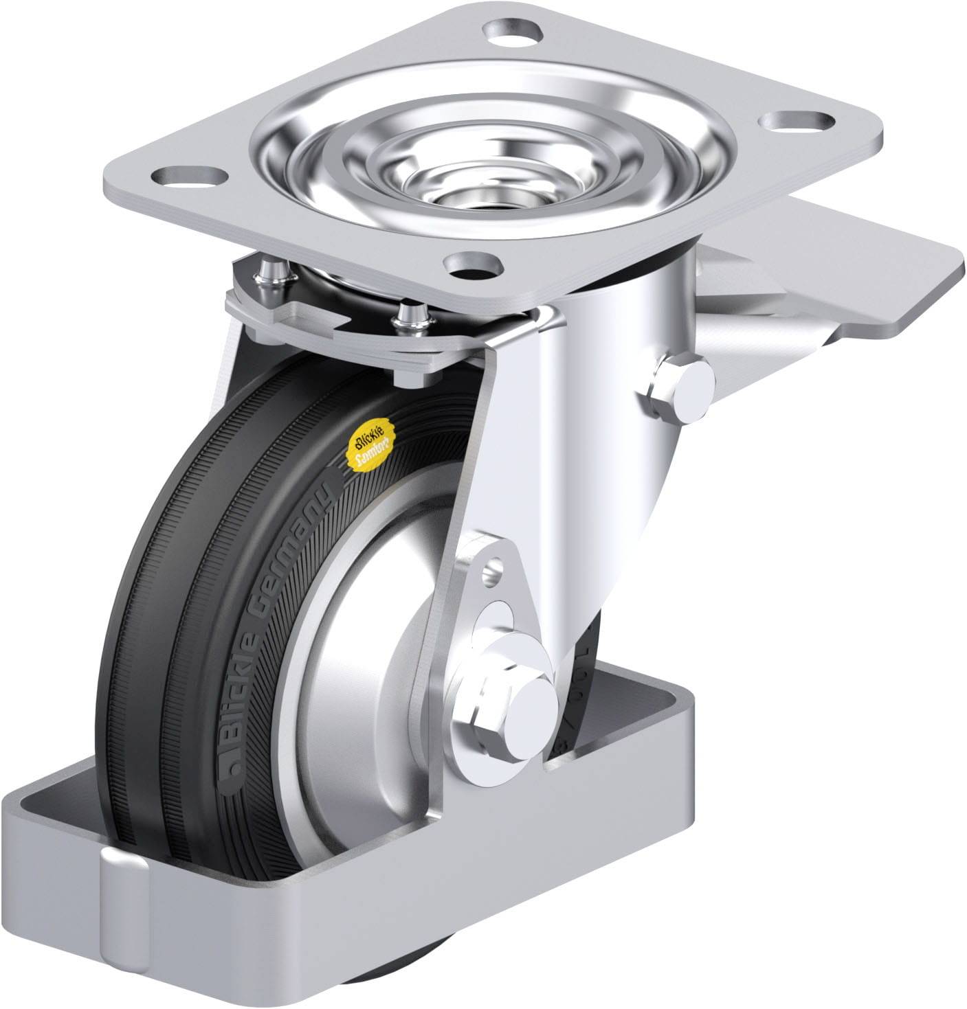 Schwenkrolle: Robustes Design mit schwarzem Rad, glänzendem Metallgehäuse und drehbarem Befestigungsplatte für vielseitige Anwendungen.