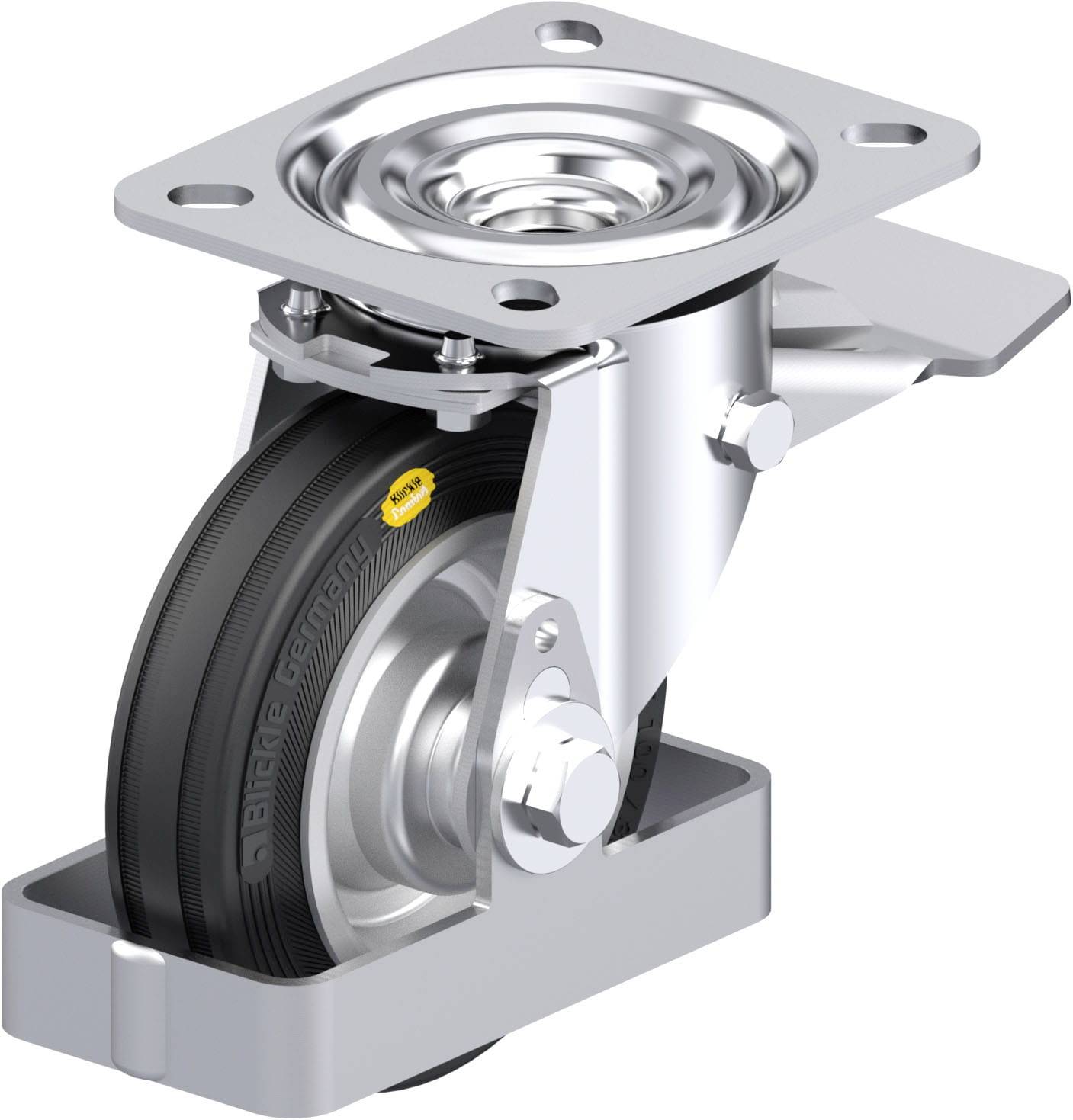 Graue Schwerlastrolle aus Metall mit schwarzem Rad und montiertem Blechgehäuse, für industrielle Anwendungen in Transportgeräten.