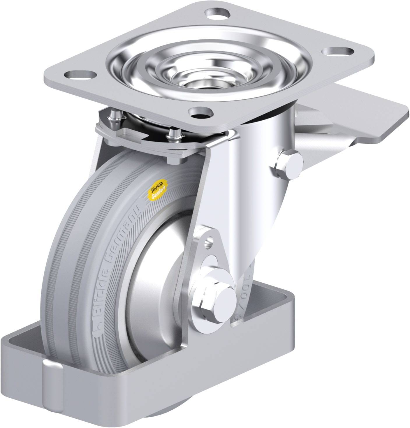 Schwerlast-Lenkrolle aus Metall mit grauem Rad, geeignet für industrielle Anwendungen, liegt auf einer flachen Metallplatte.