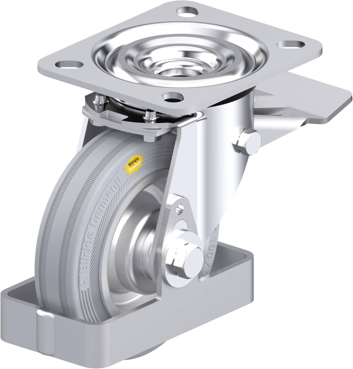 Lenkrolle mit Befestigungsplatte aus Metall, graues Rad und Schutzabdeckung, geeignet für Möbel oder Industrieanwendungen.