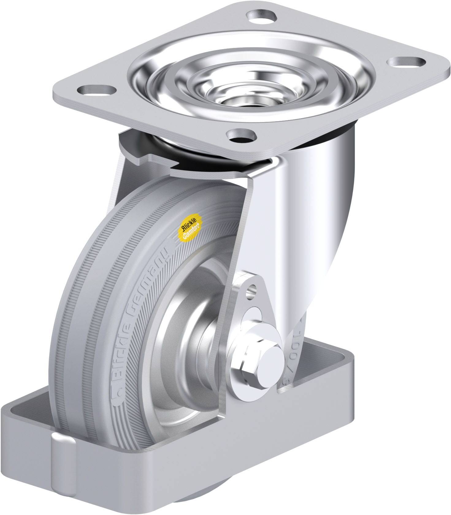 Metallenes Schwerlast-Lenkrollenrad mit Befestigungsplatte. Geeignet für Industrieanwendungen. Dreht sich um 360 Grad.