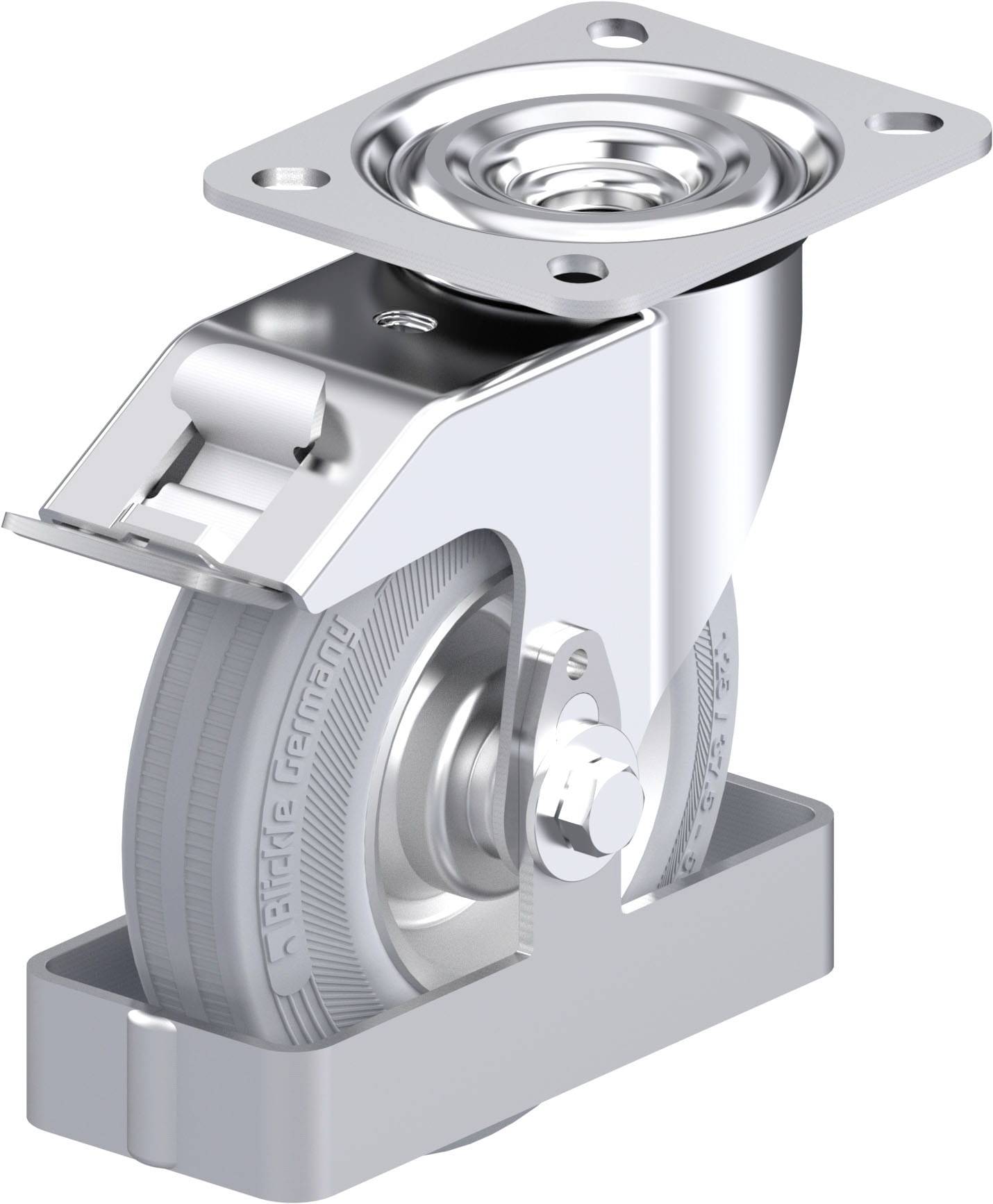 Industrie-Schwenkrolle aus Metall und Kunststoff mit Befestigungsplatte, um 360 Grad drehbar, geeignet für schwere Lasten.