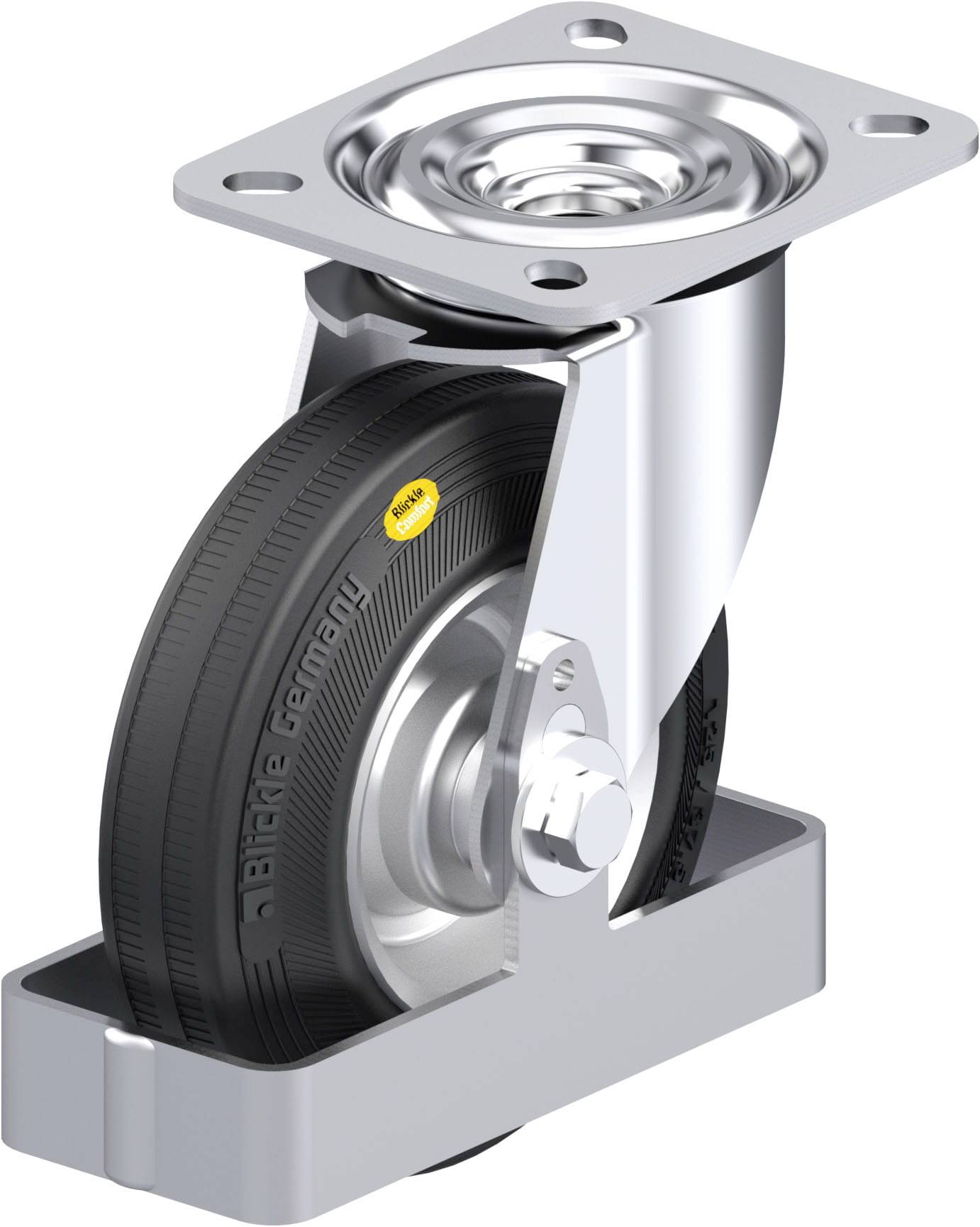 Industrielles Schwerlast-Lenkrolle mit schwarzem Reifen, silbernem Metallgehäuse und rechteckiger Montageplatte, geeignet für Maschinen.